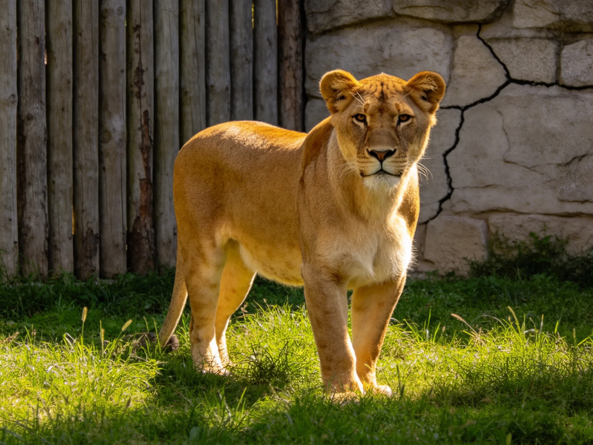 A tawny lioness stands on green grass by a wooden fence