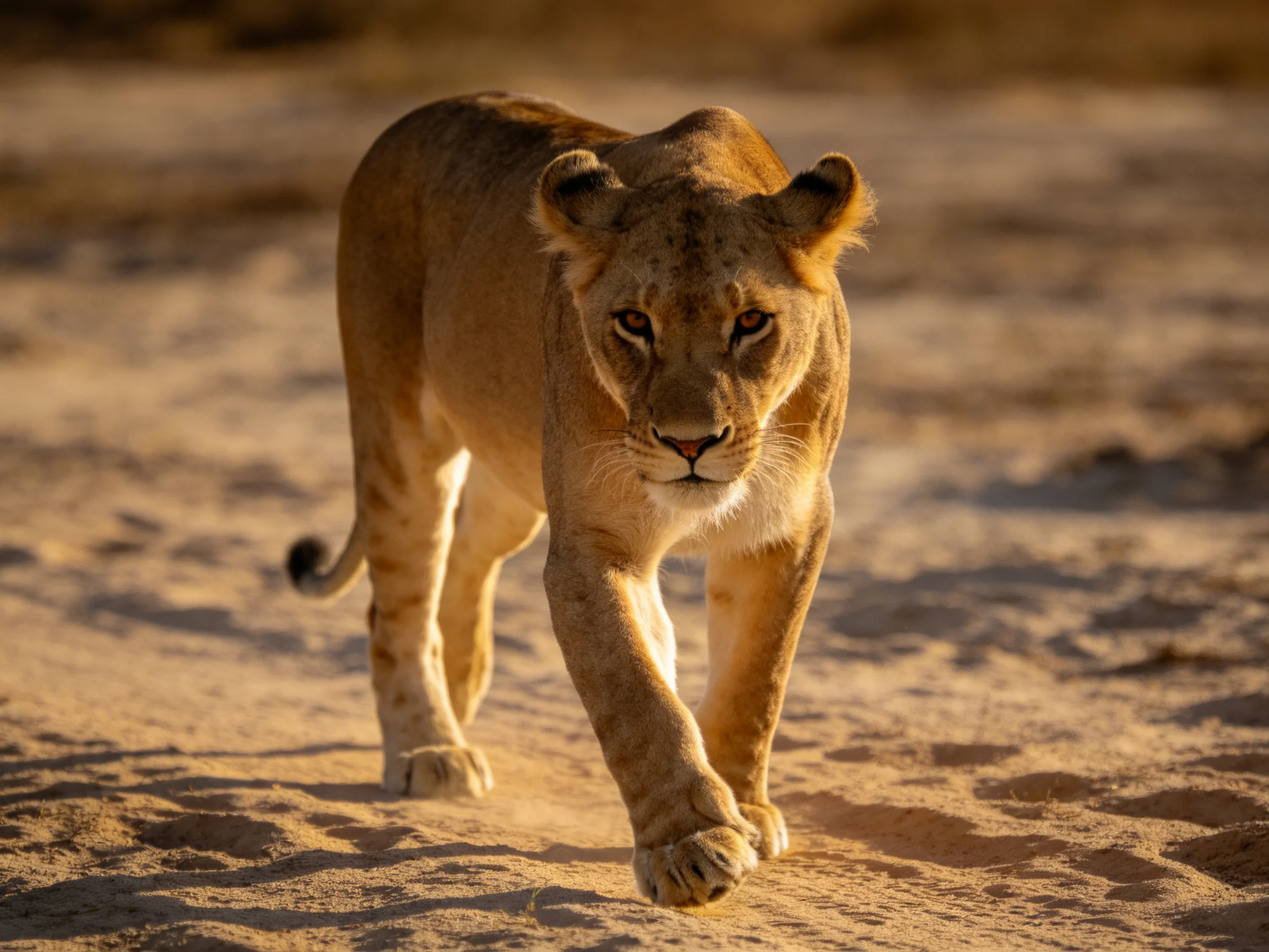 A lioness walks purposefully across a sunlit sandy area.