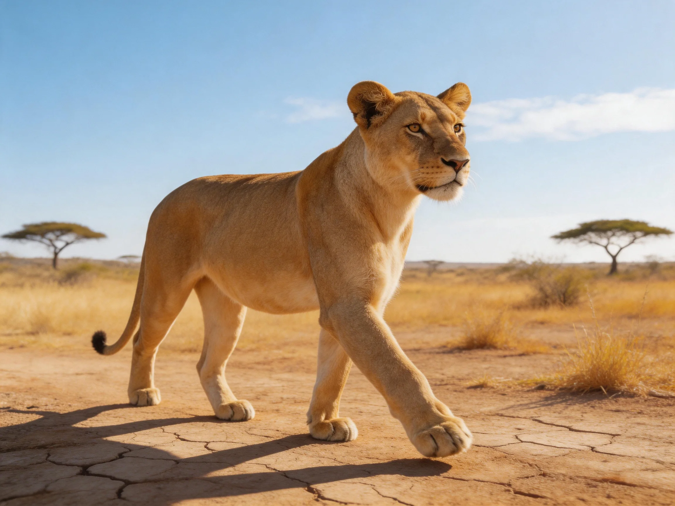 A tawny lioness walks across a dry savannah
