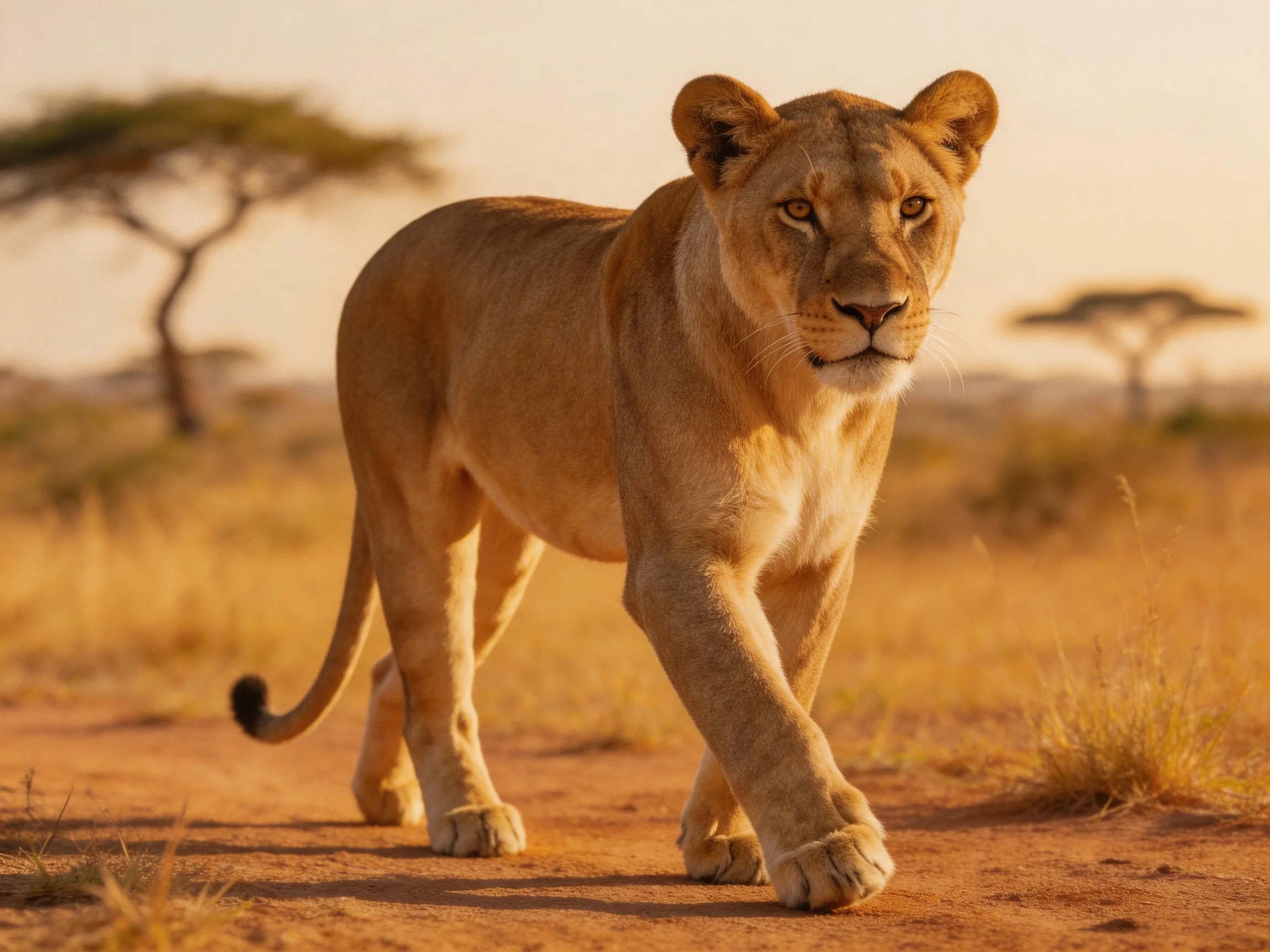 A tawny lioness walks across a sunlit savannah path.