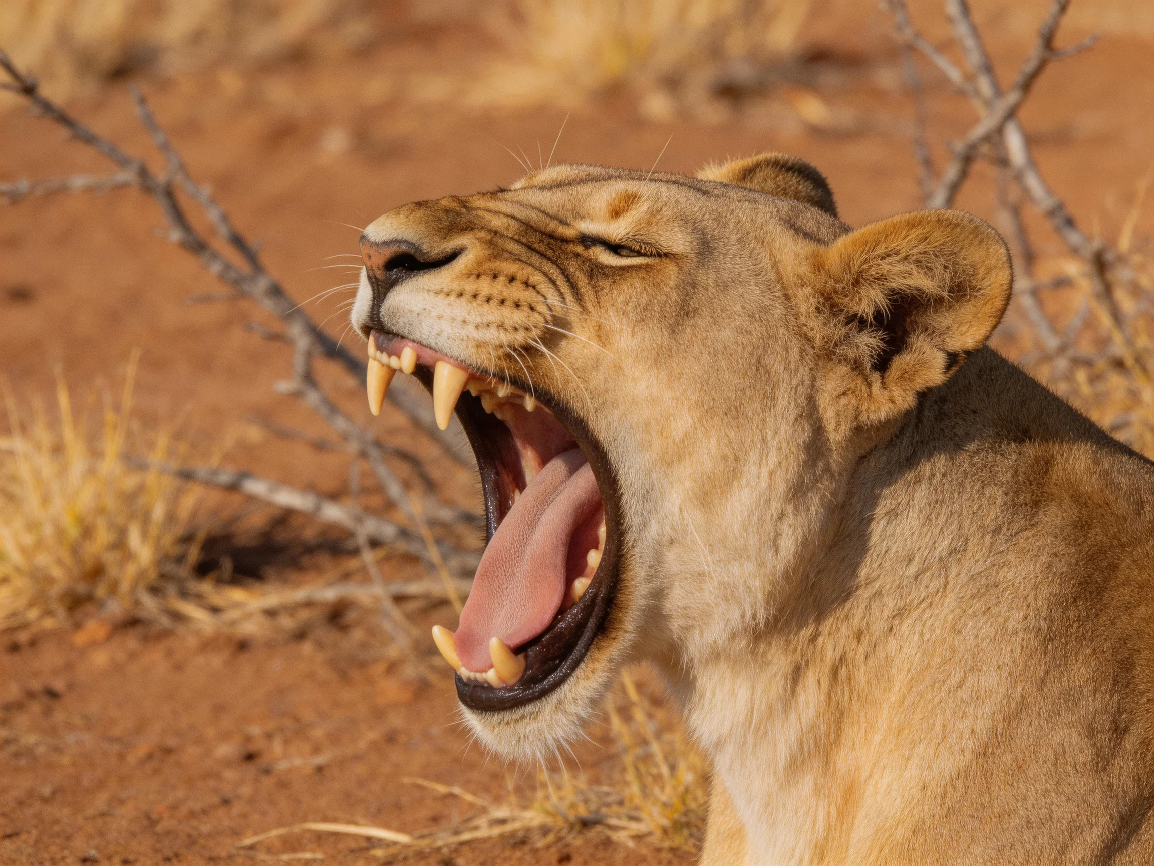 A lioness yawns widely in a dry, earth-toned natural environment.