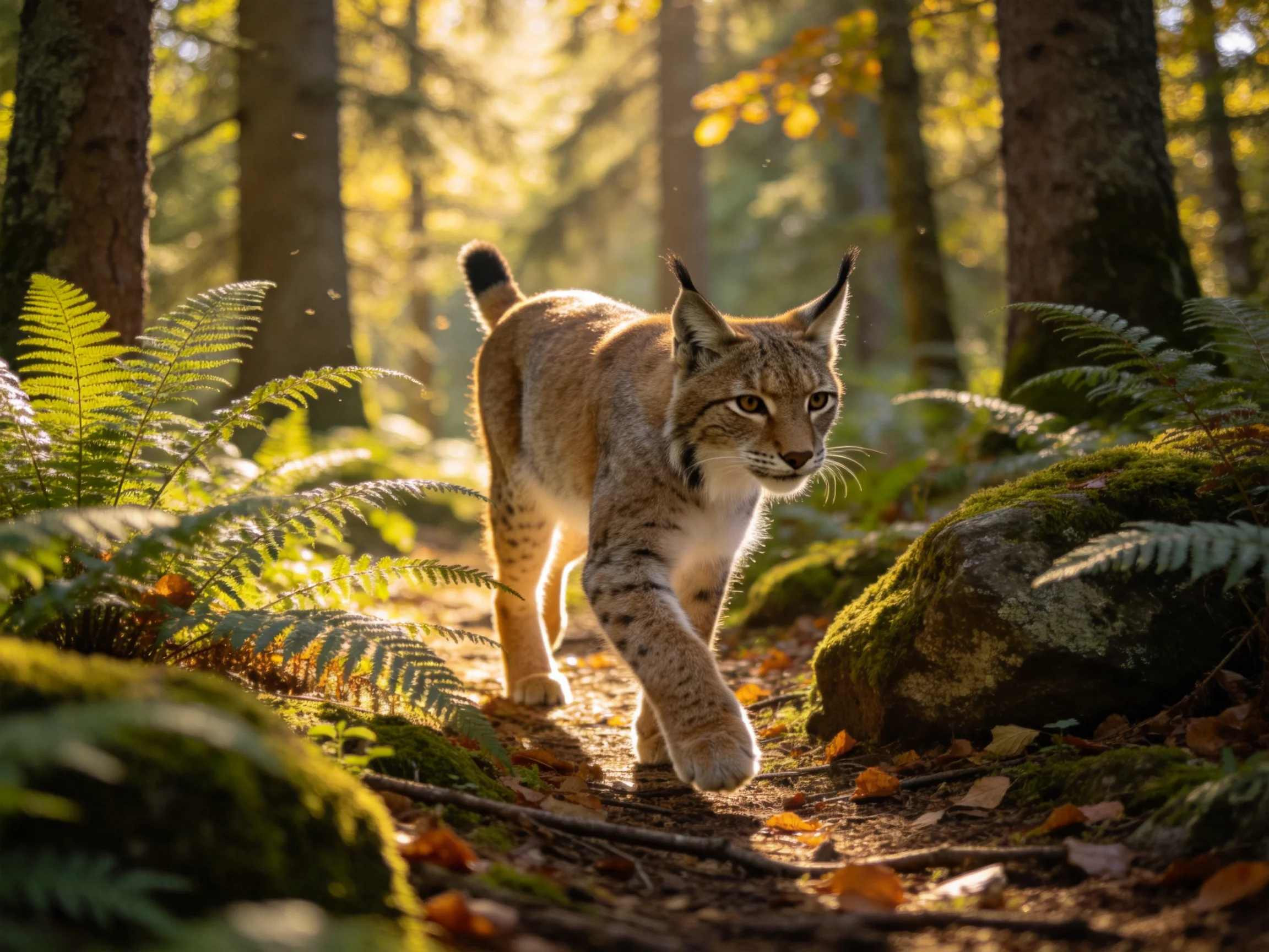A lynx traverses a sunlit forest with ferns and mossy rocks.