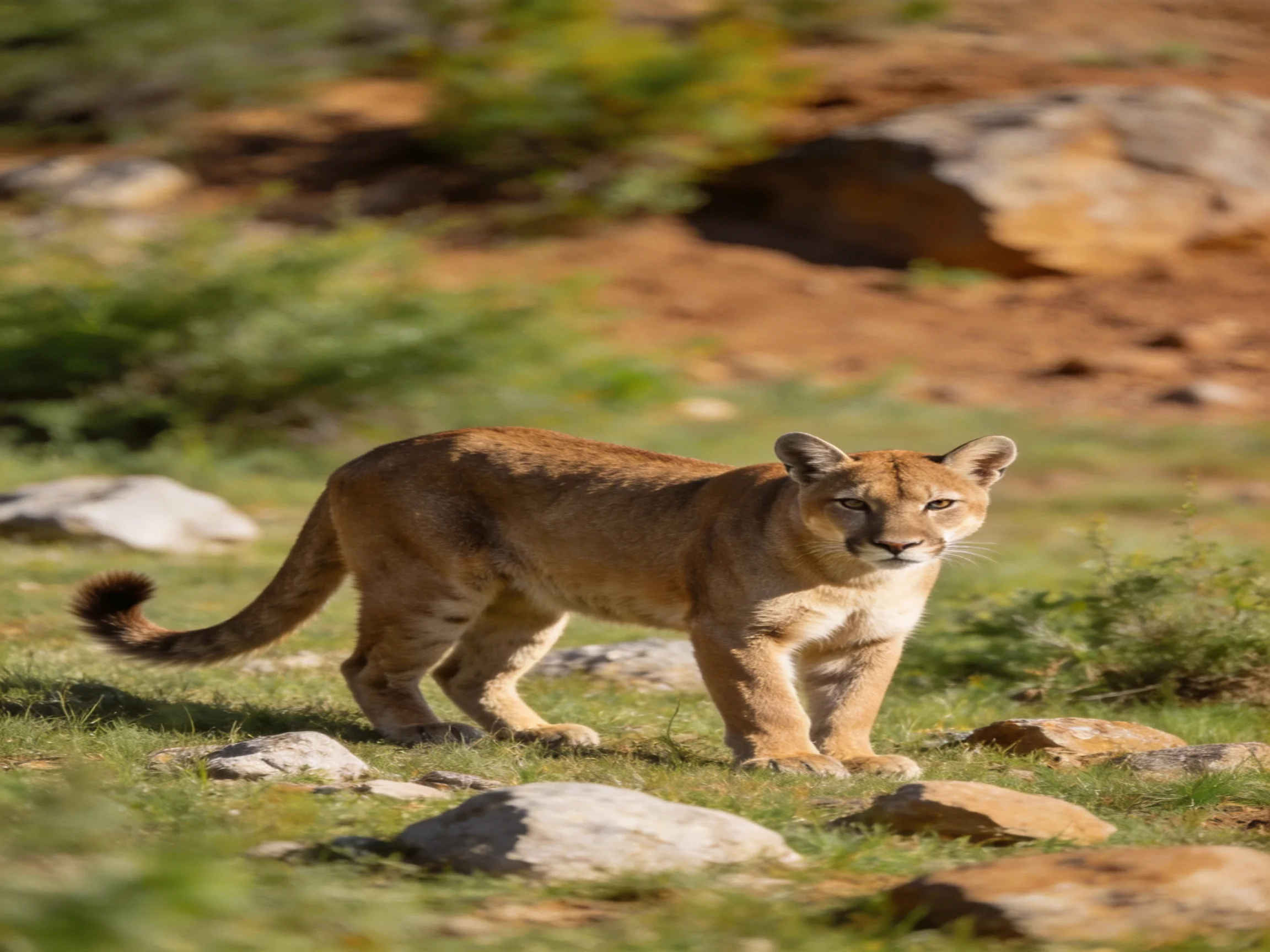 A tawny mountain lion cub stands near rocks and greenery