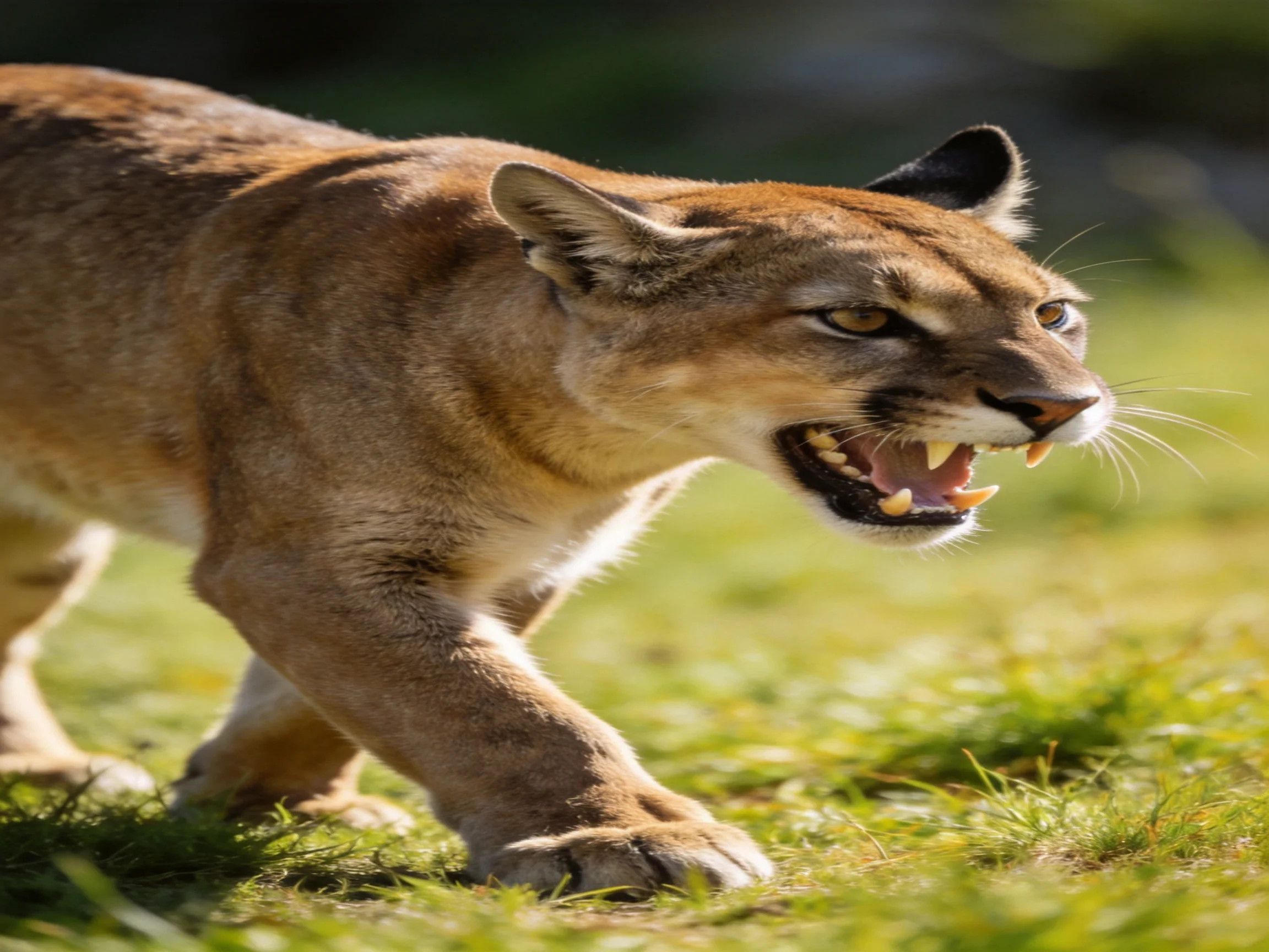 A tawny mountain lion stalks through sunlit green grass