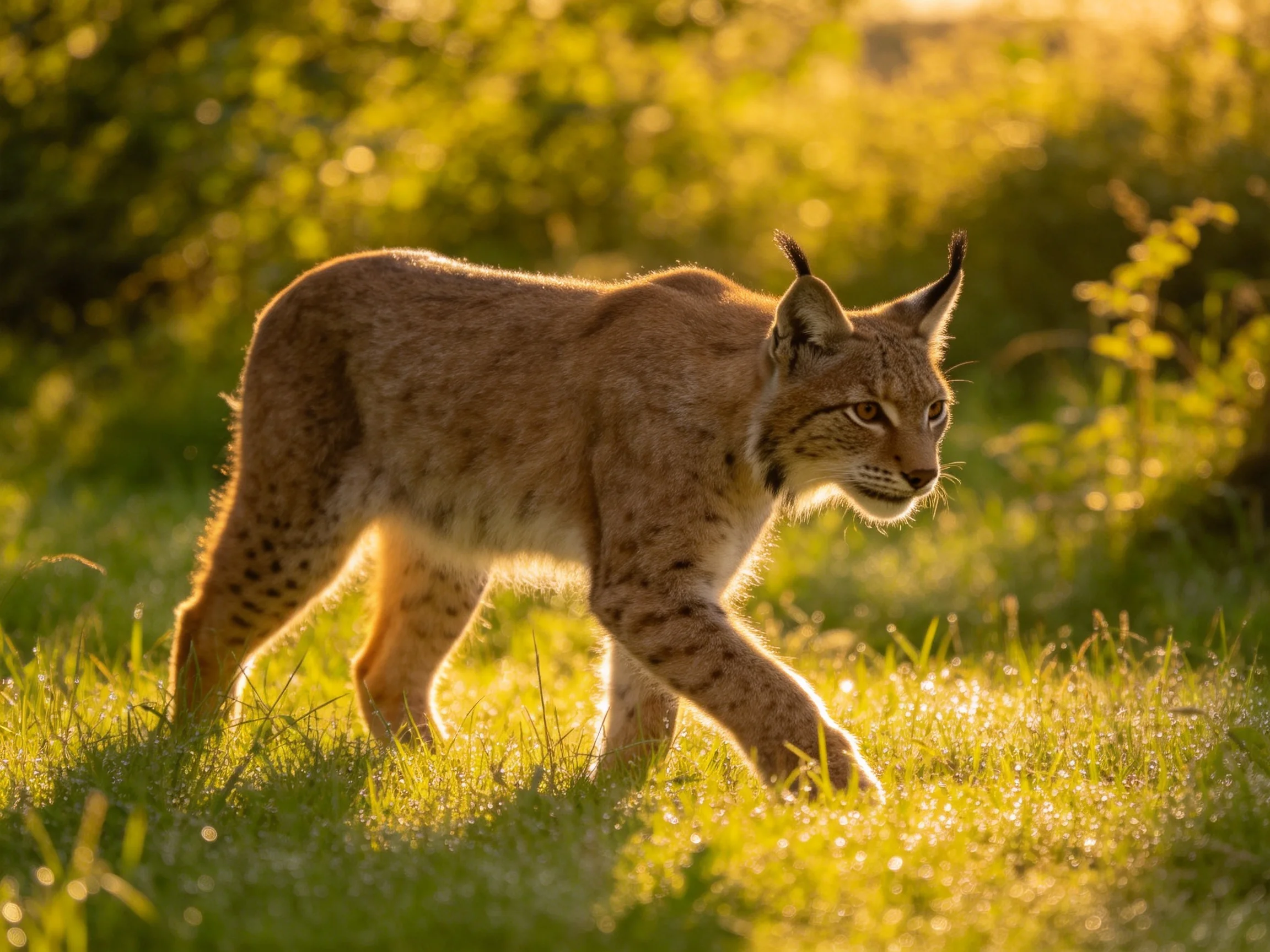 A tawny lynx moves through sunlit green grass.