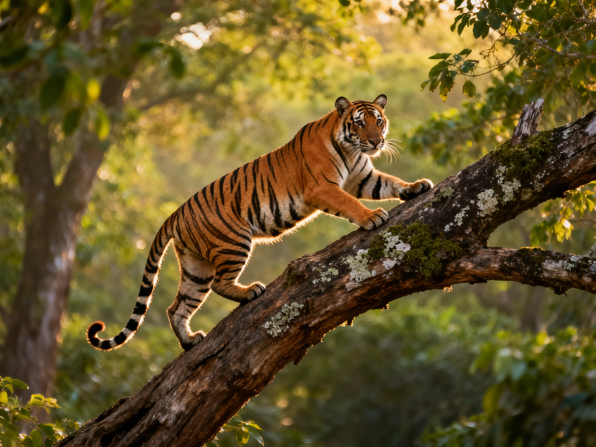 A tiger climbs a mossy tree branch in a sunlit forest.