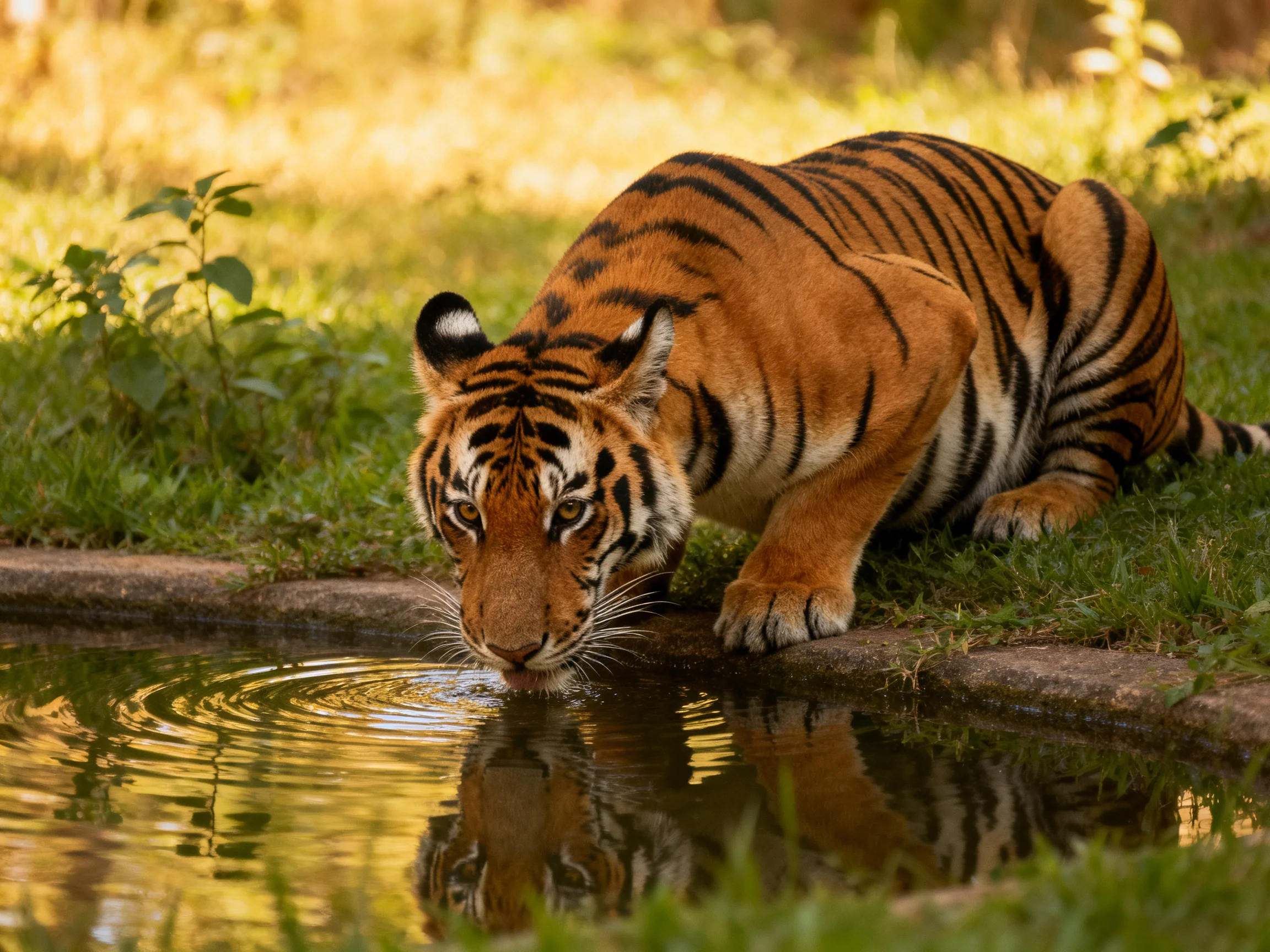 A tawny tiger drinks from a calm pond in a sunlit meadow