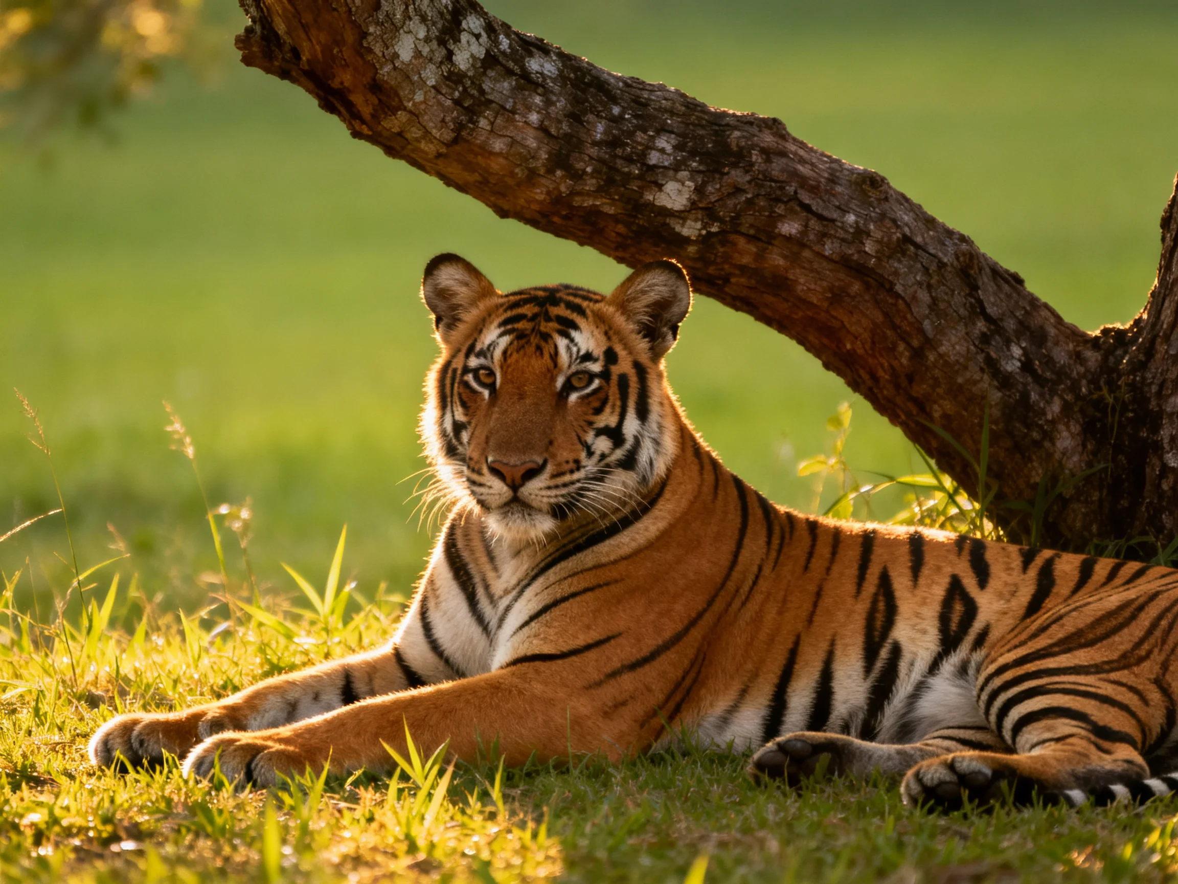 A tawny tiger rests near a gnarled tree in golden grass
