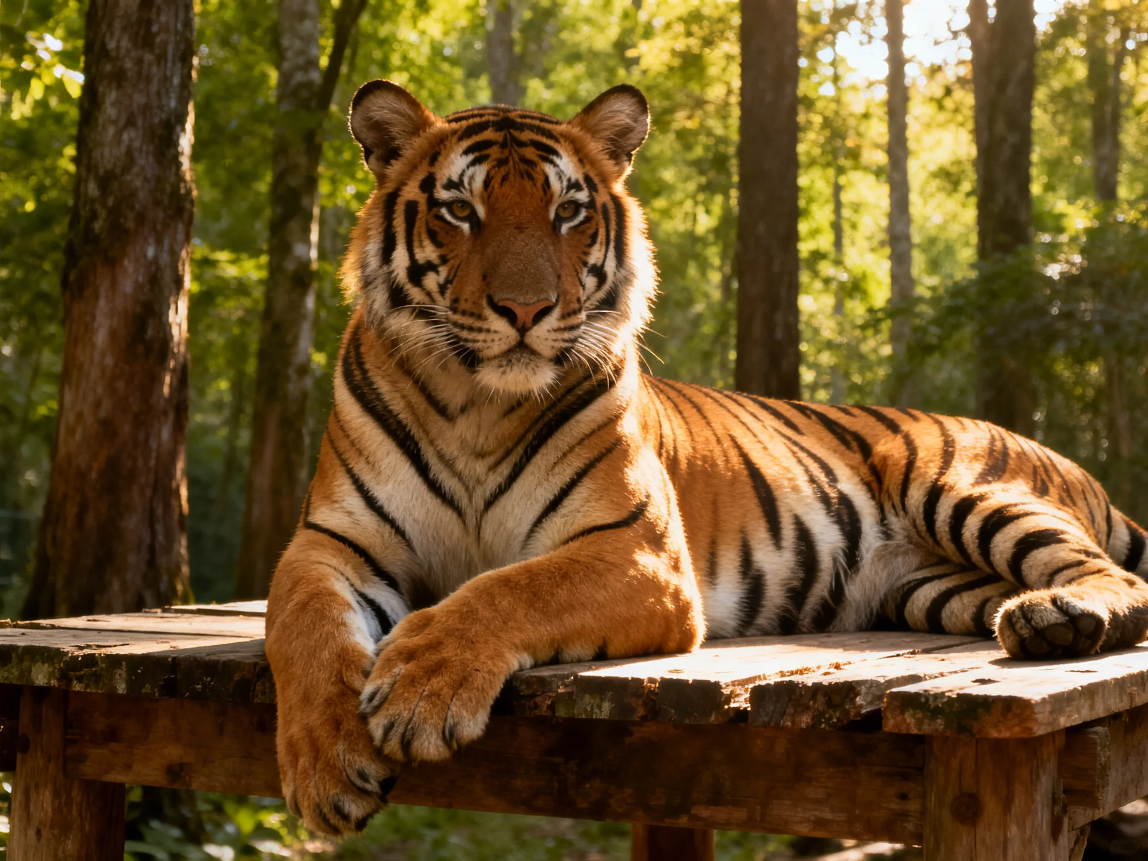 A tawny tiger lounges on a wooden platform amid lush green trees