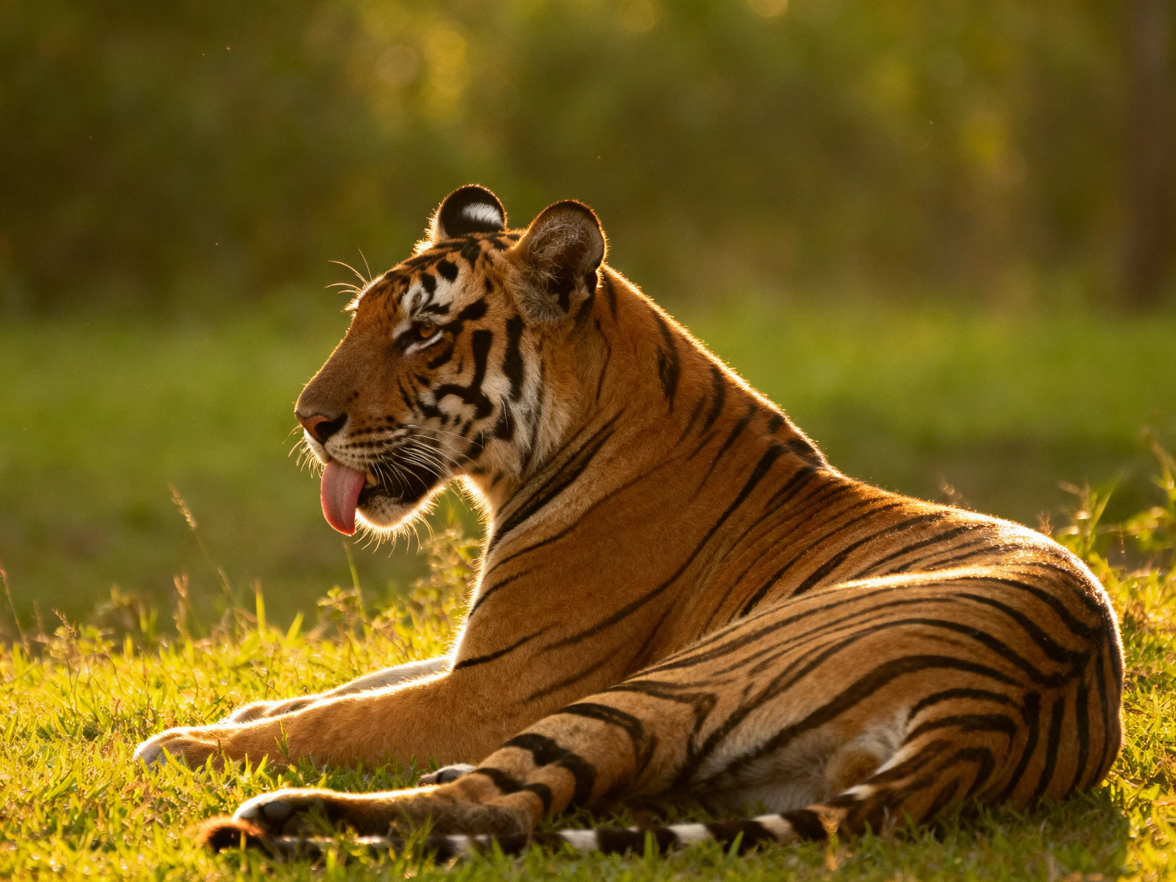 A tawny tiger lounges on sun-drenched green grass