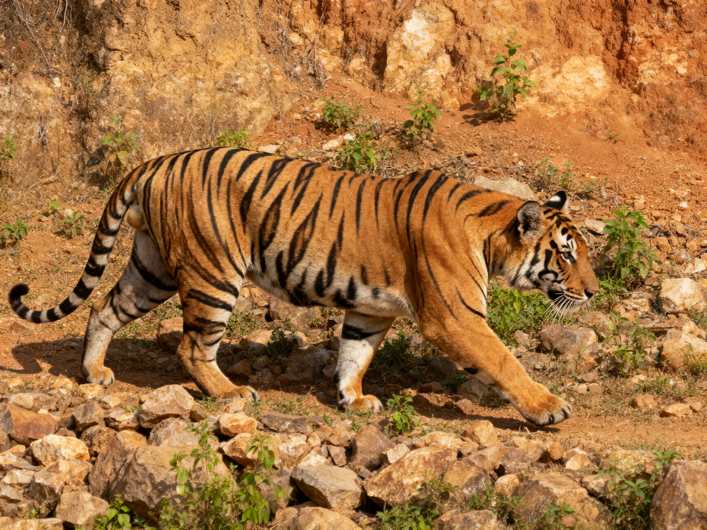 A tawny tiger moves through rocky ground adjacent to reddish cliffs