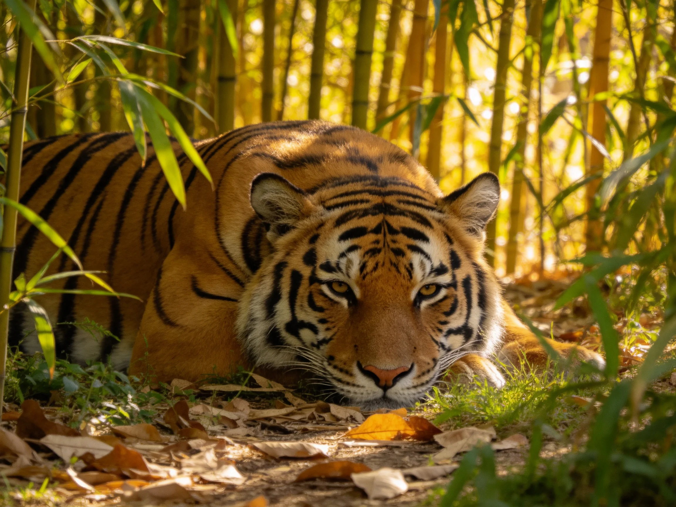 A tawny tiger rests among bamboo in a sunlit natural setting