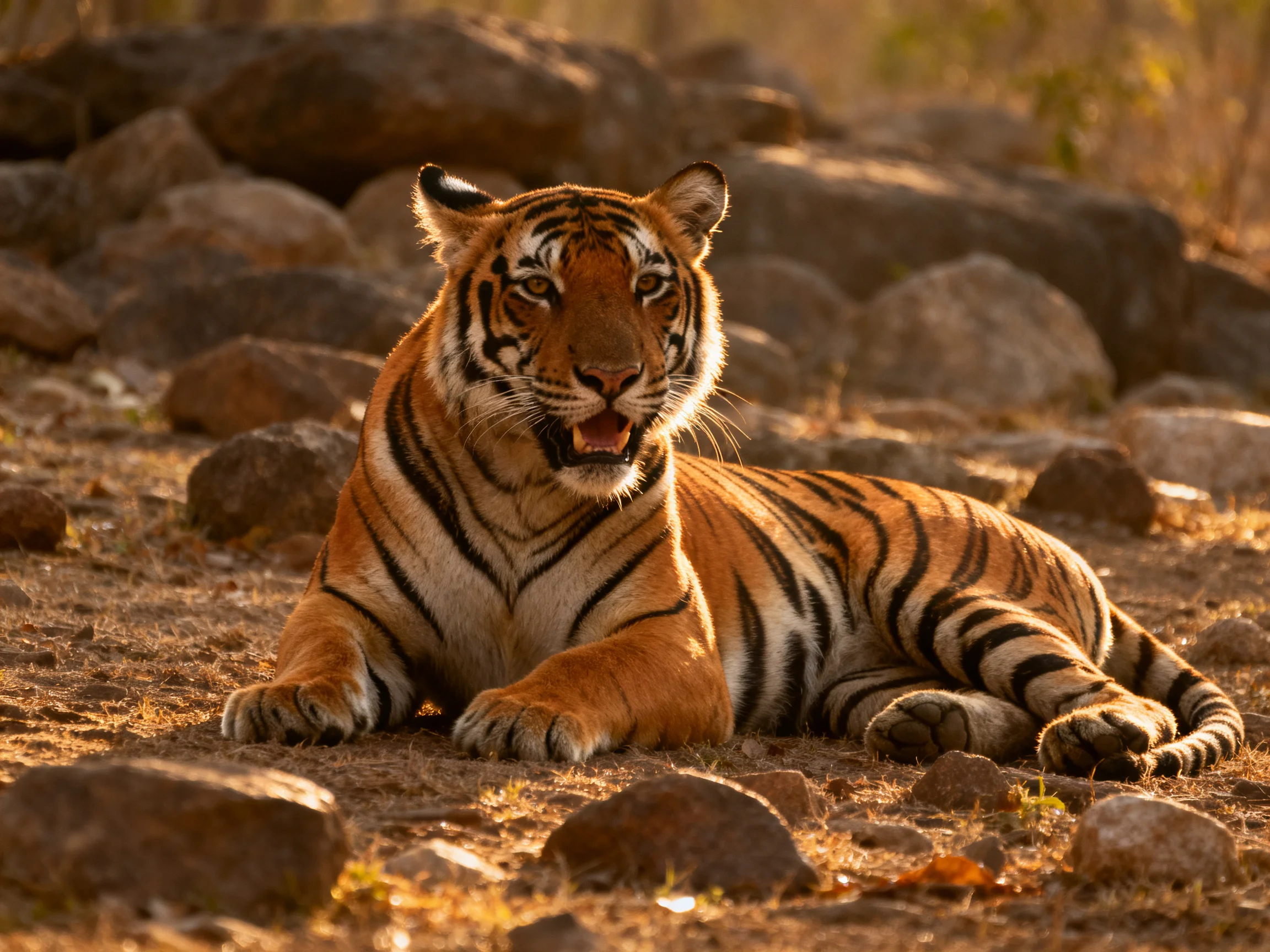 A tawny tiger relaxes near rocks in a sunlit outdoor setting
