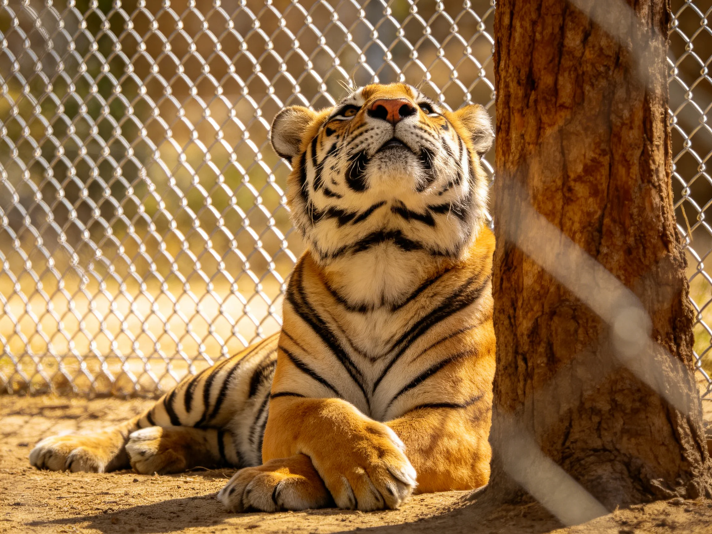 A tawny tiger relaxes near a tree behind a chain-link fence