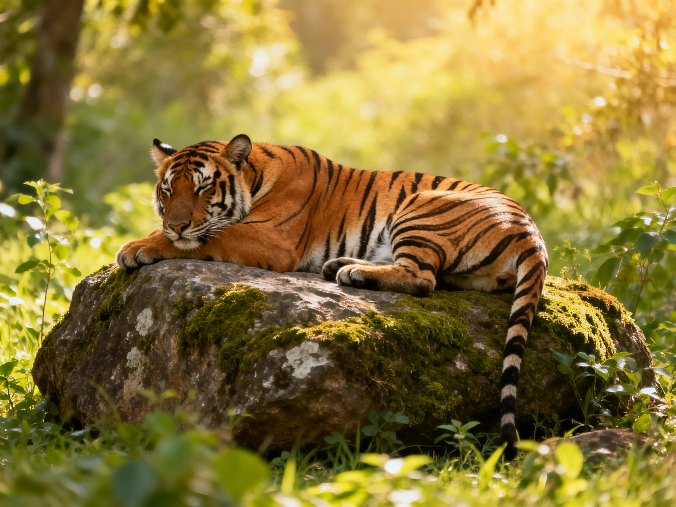 A tawny tiger relaxes atop a mossy rock in a sun-dappled forest setting.