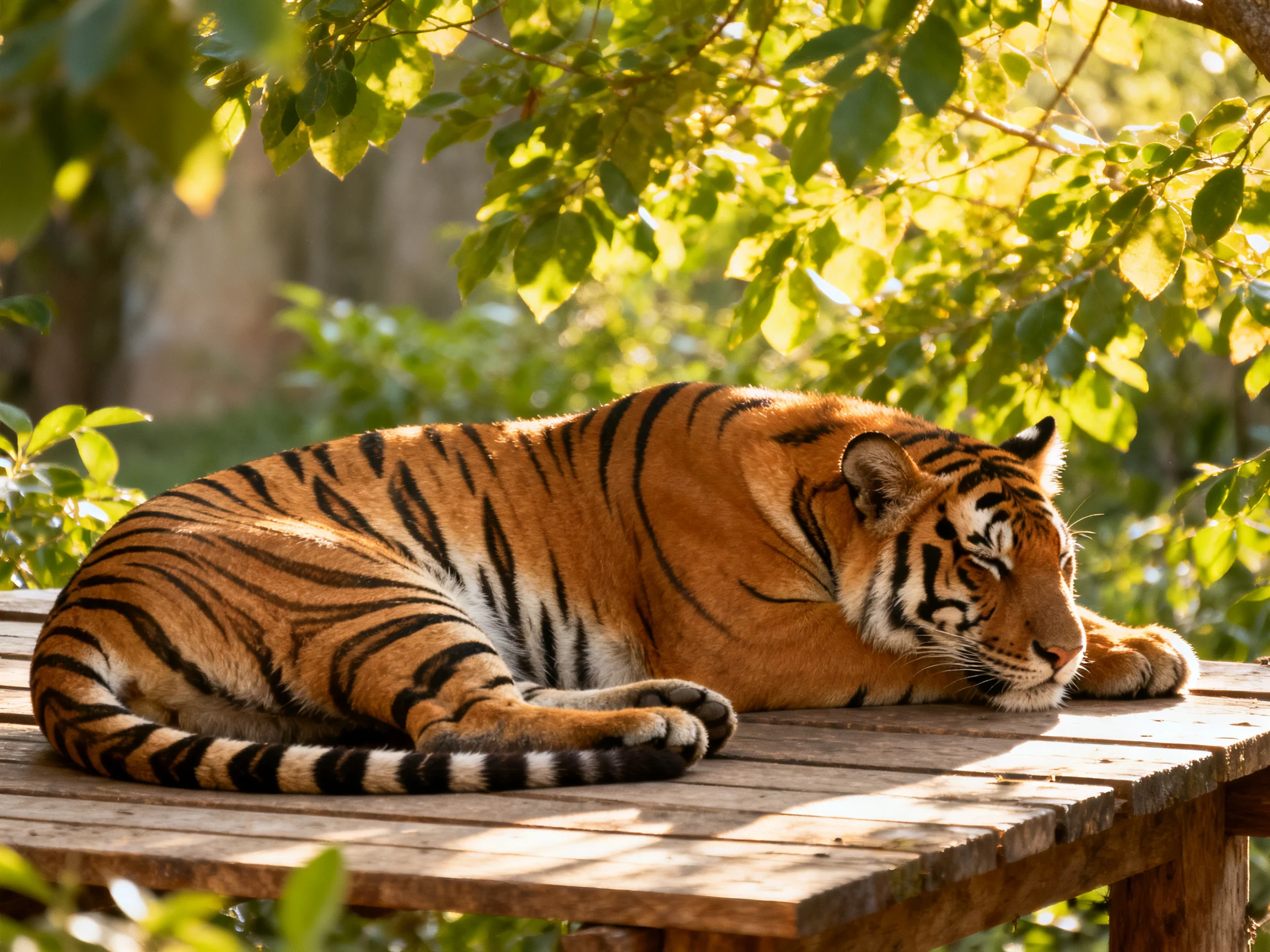 A tawny tiger rests on a wooden platform amid lush green foliage