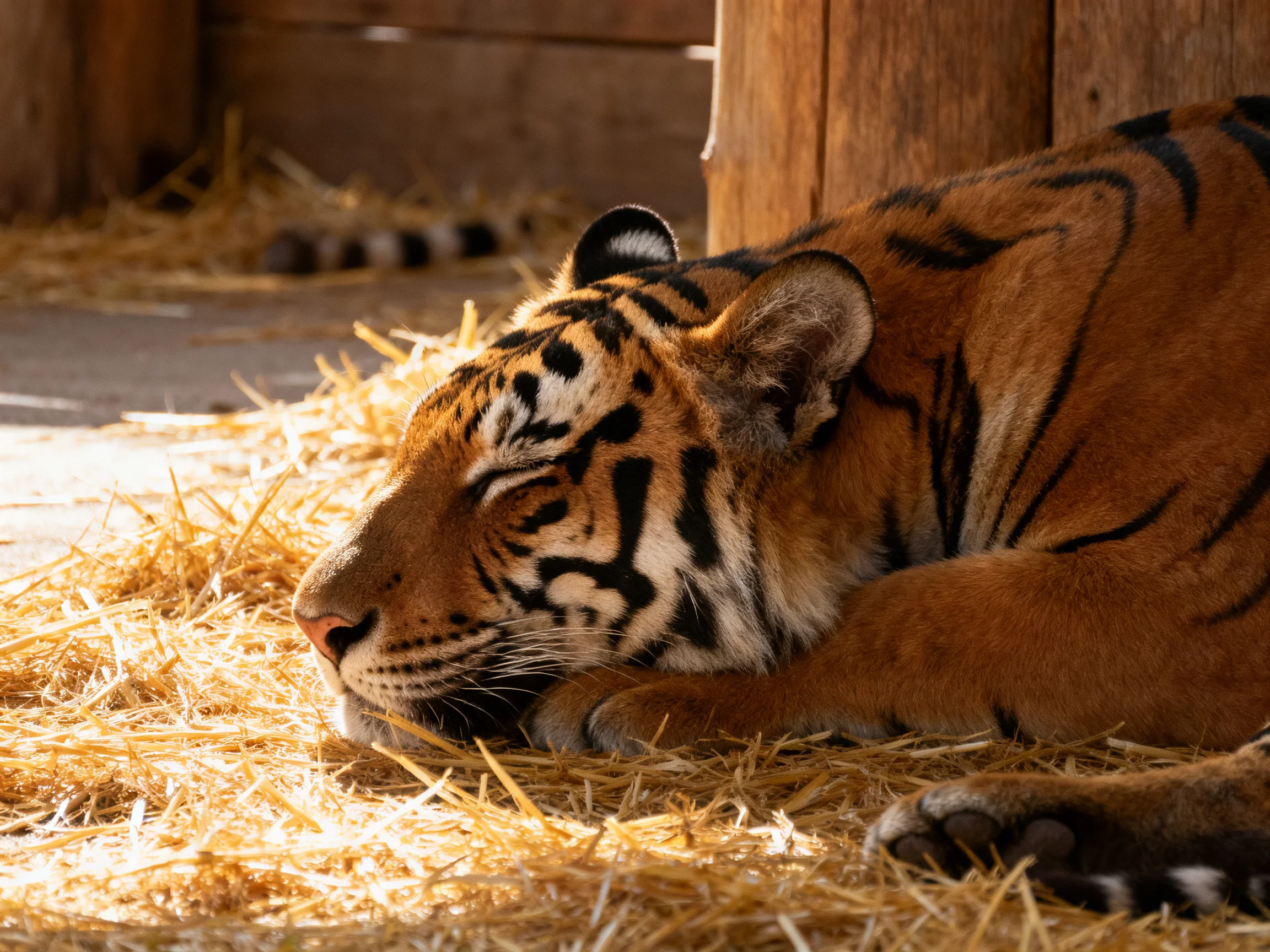 A tawny tiger rests on golden straw near wooden enclosures