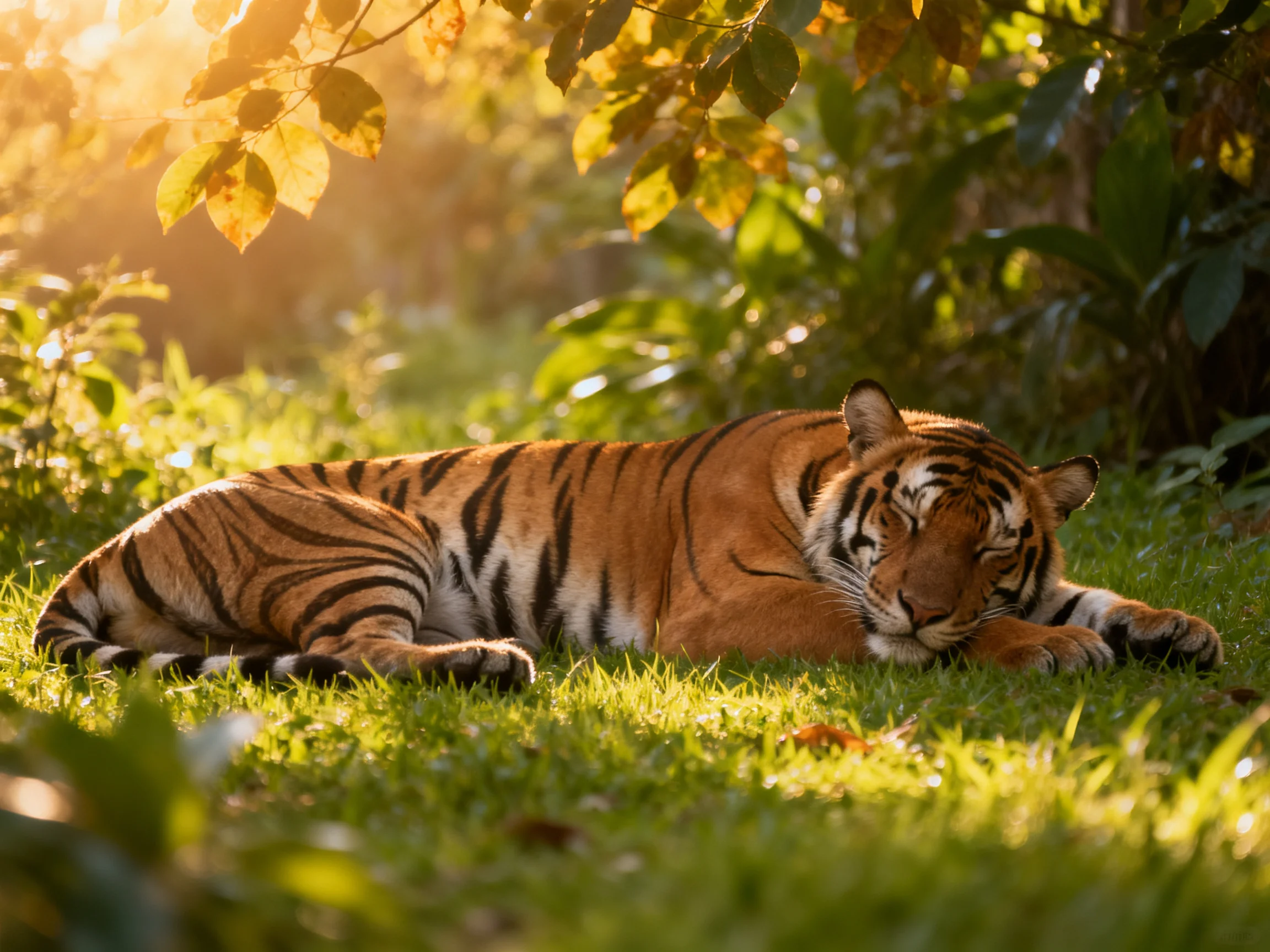 A tawny tiger sleeps on green grass in bright sunlight.