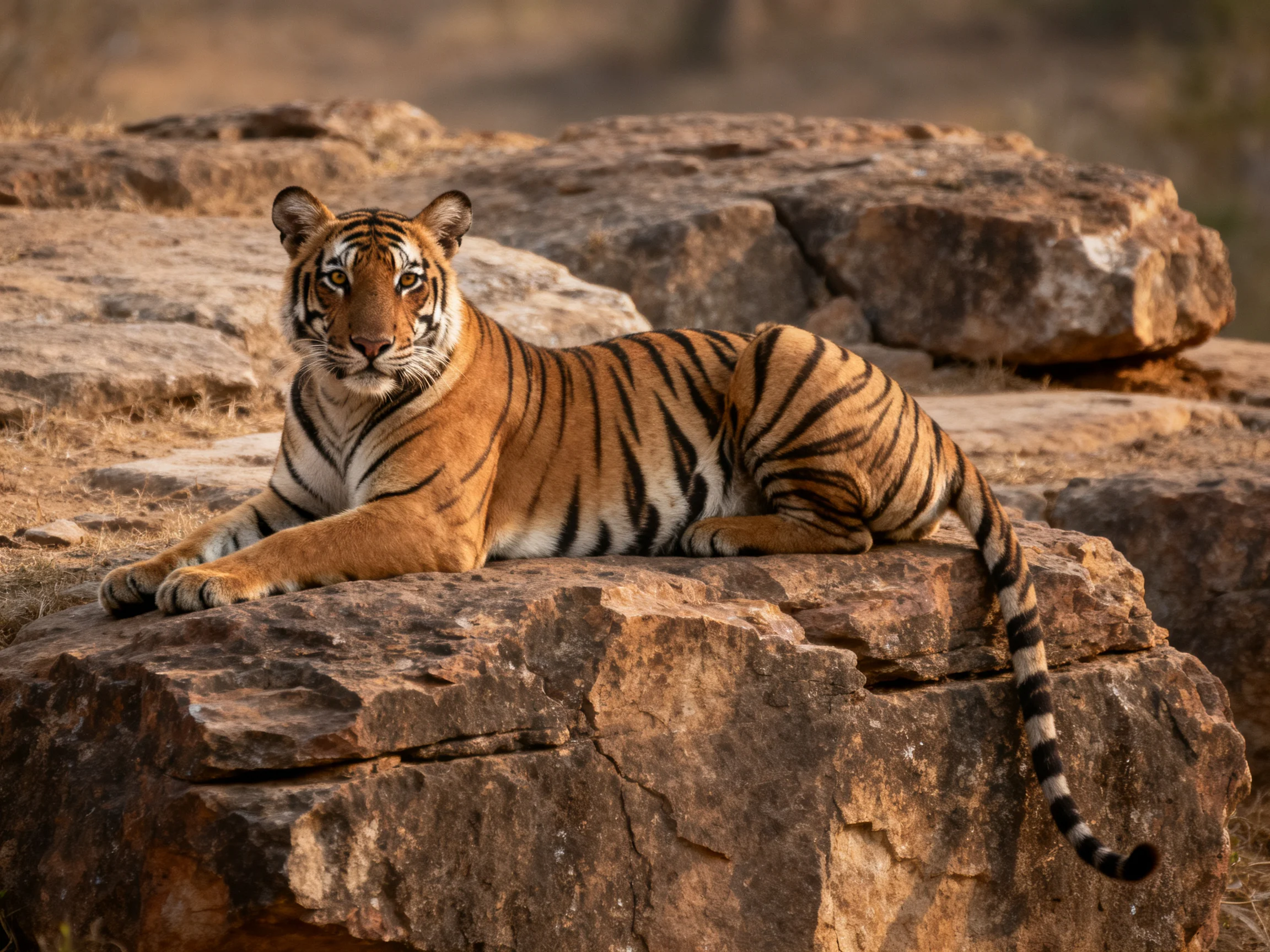 A tawny tiger rests on rugged brown rocks in a dry landscape