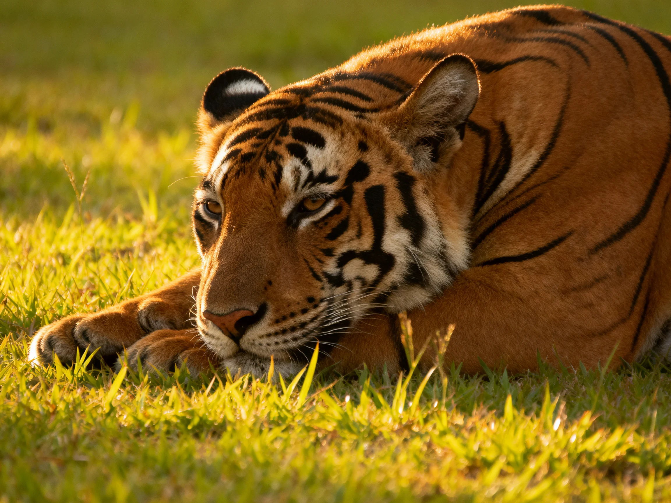 A tawny tiger rests on sunlit green grass