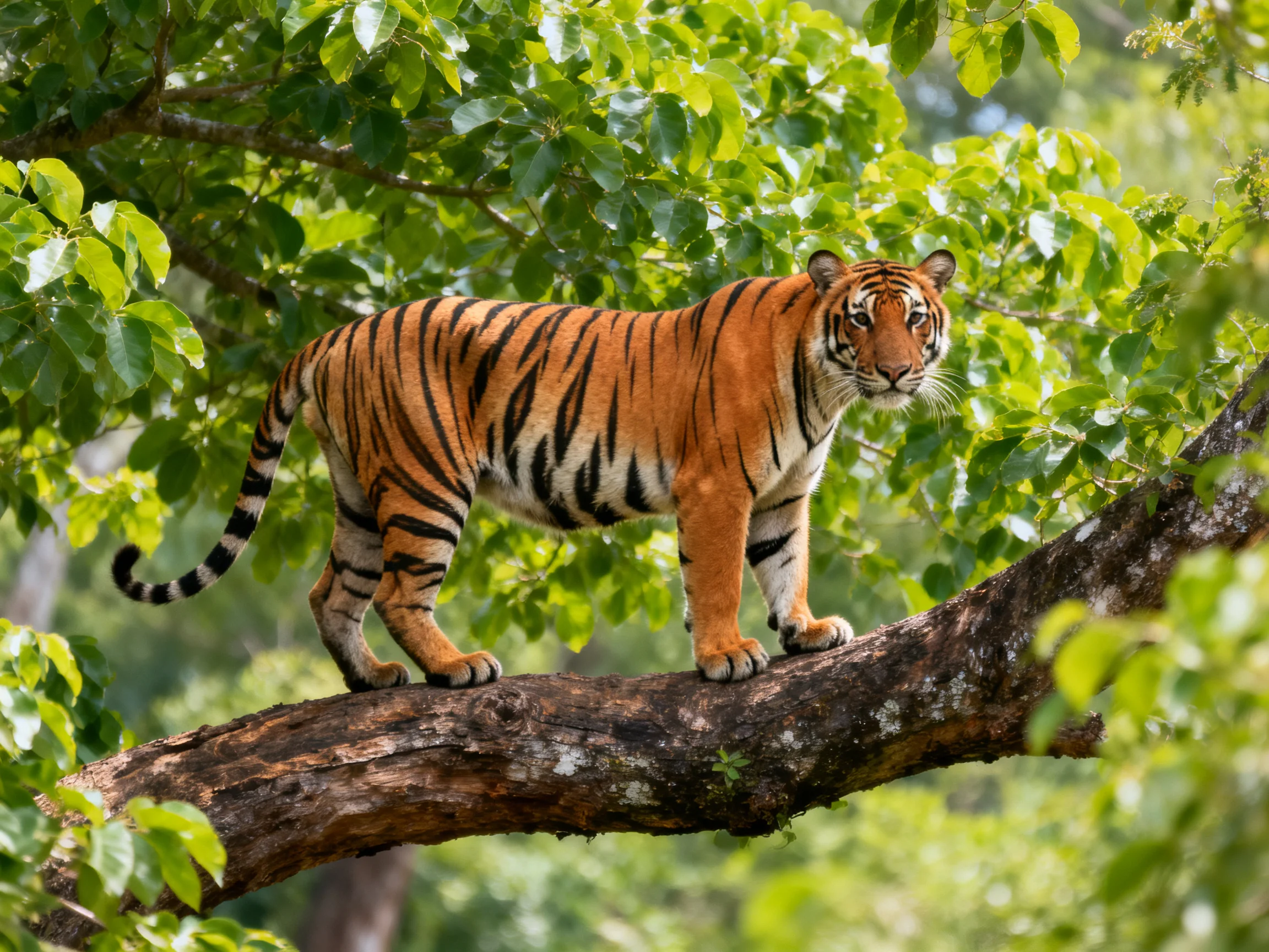 A tawny tiger stands on a gnarled tree branch amid lush greenery