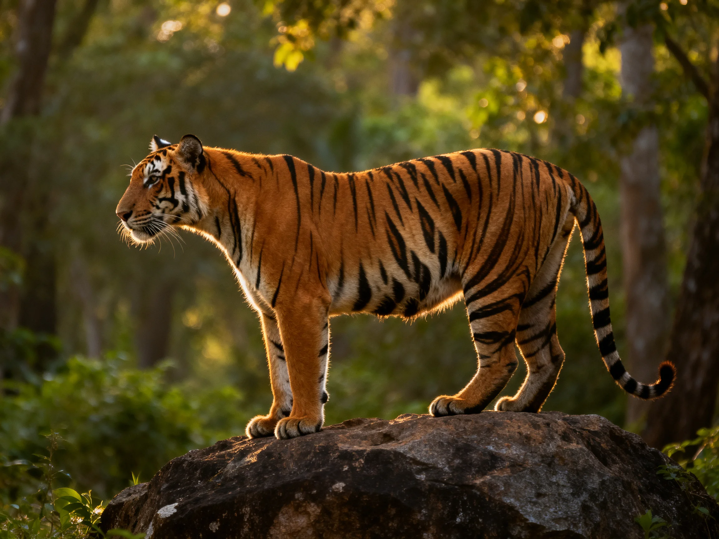 A tawny tiger stands on a large rock amid lush greenery.