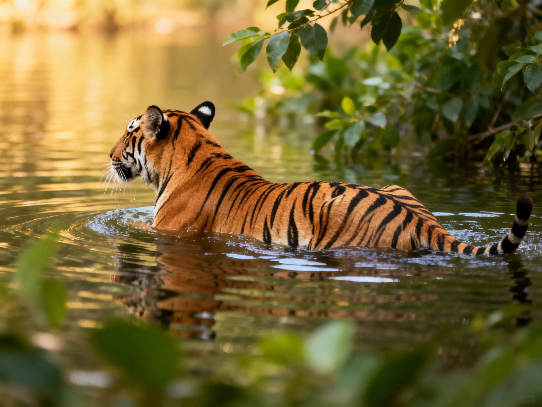 A tawny tiger swims through calm brown waters near lush green foliage