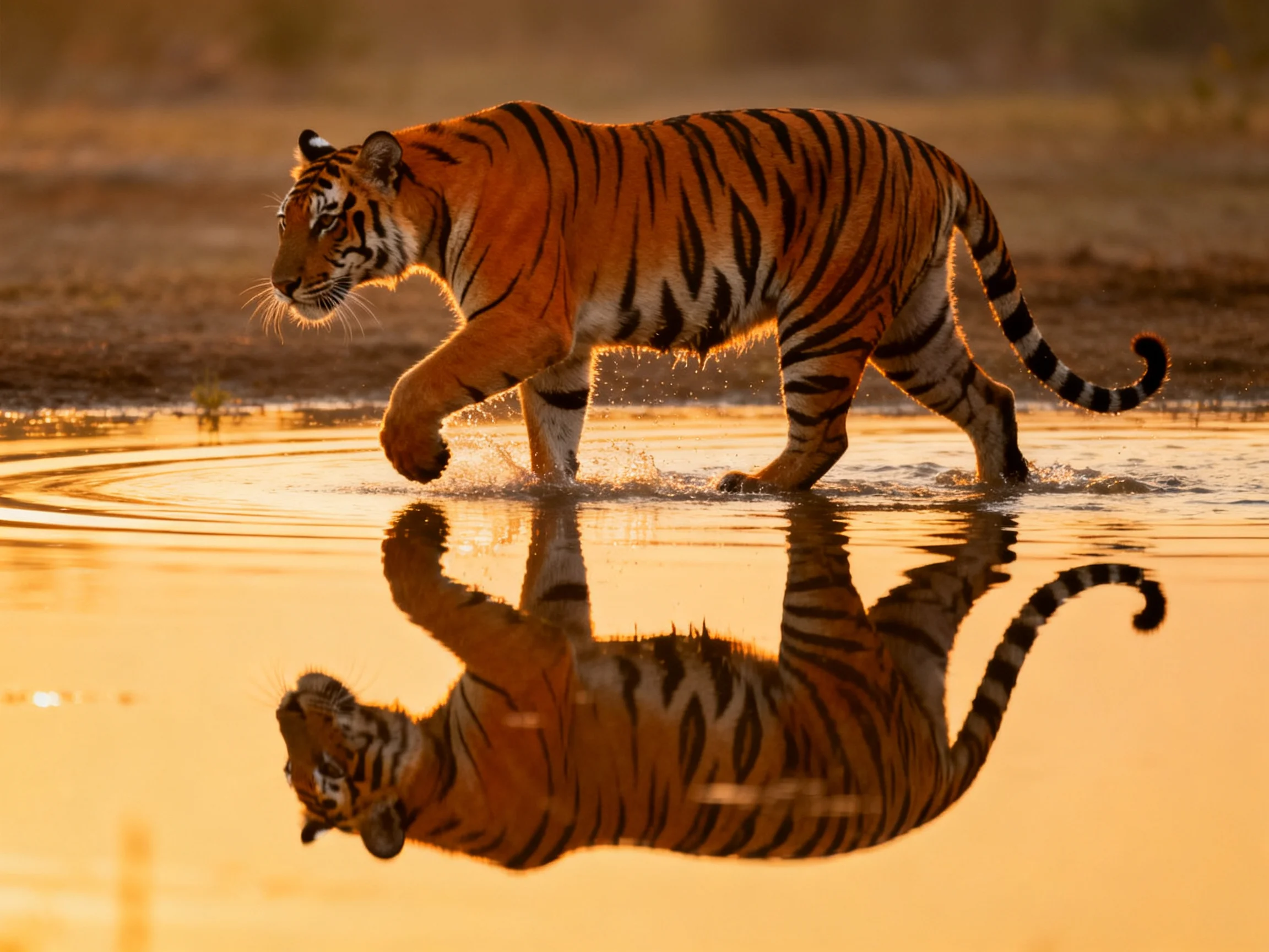 A tawny tiger with black stripes crosses golden water with a reflection