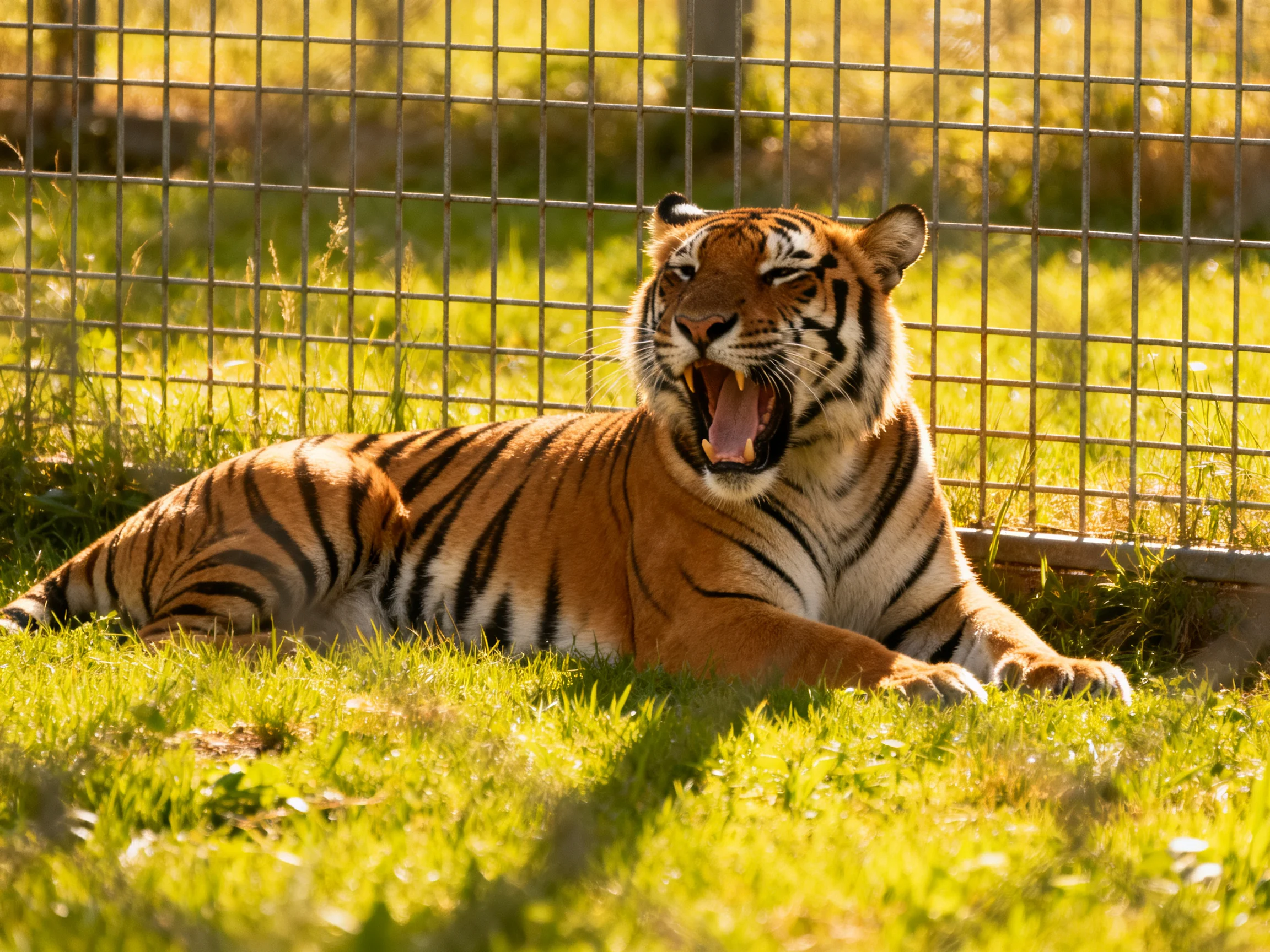 A tawny tiger relaxes near a metal fence on grass.