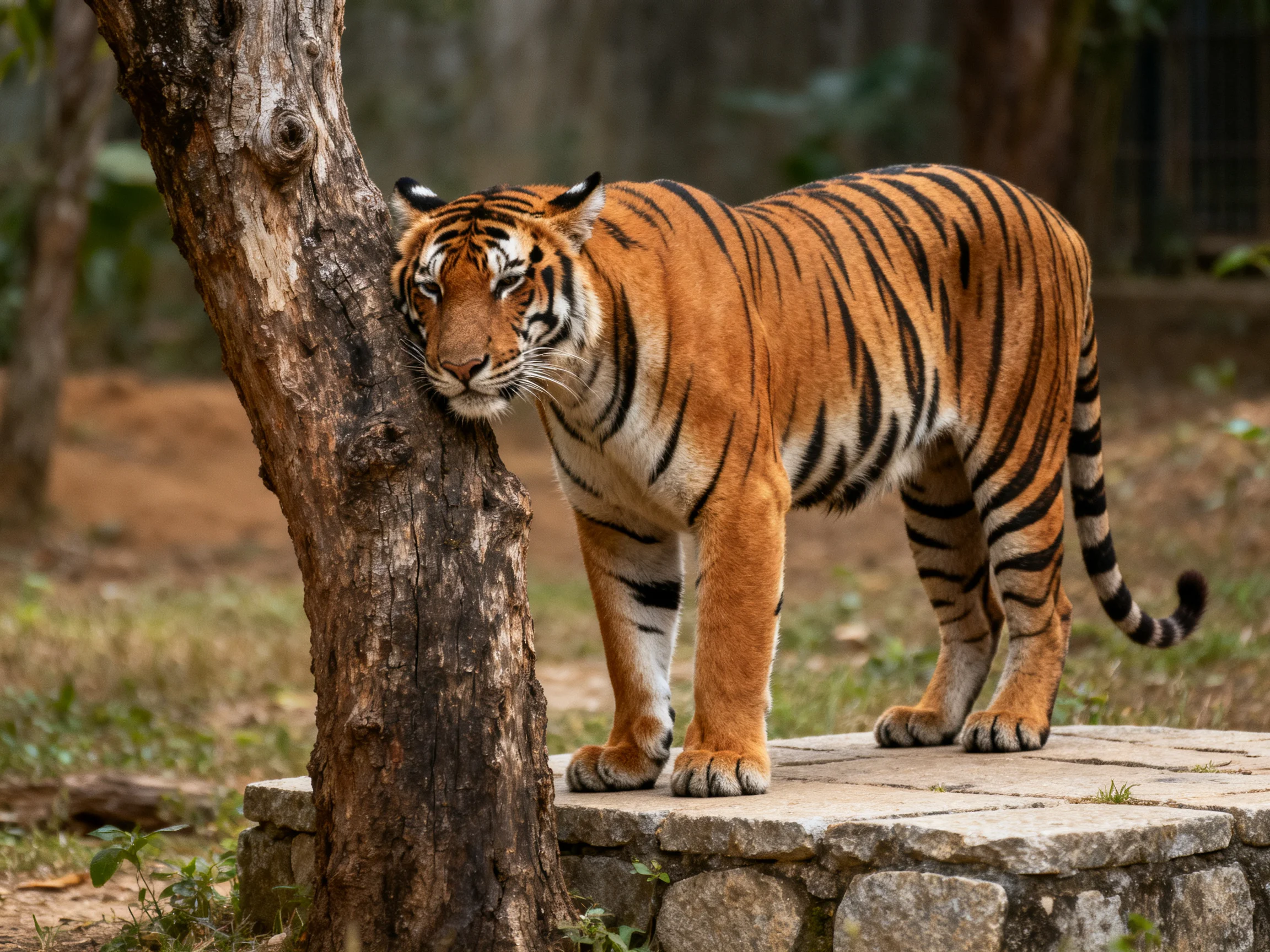 A tawny tiger with bold black stripes near an aged tree