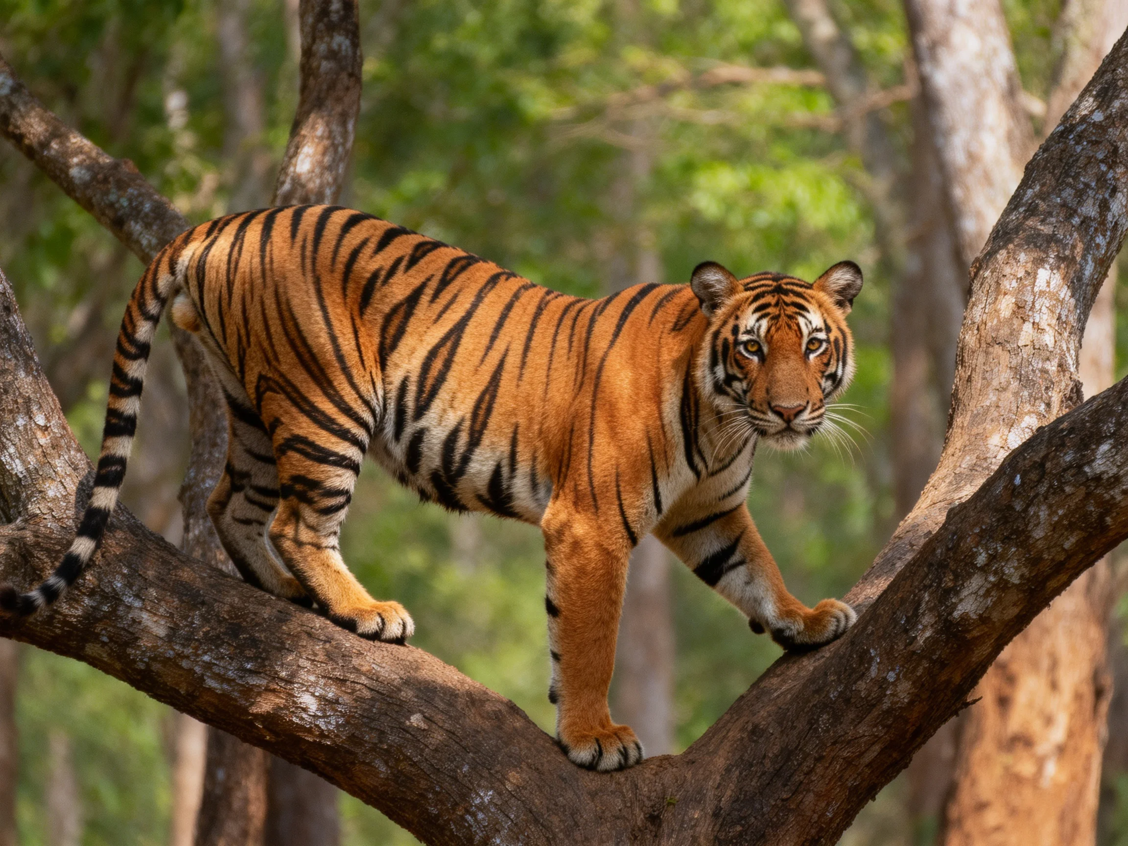 A tawny tiger with bold black stripes stands on a forest branch.