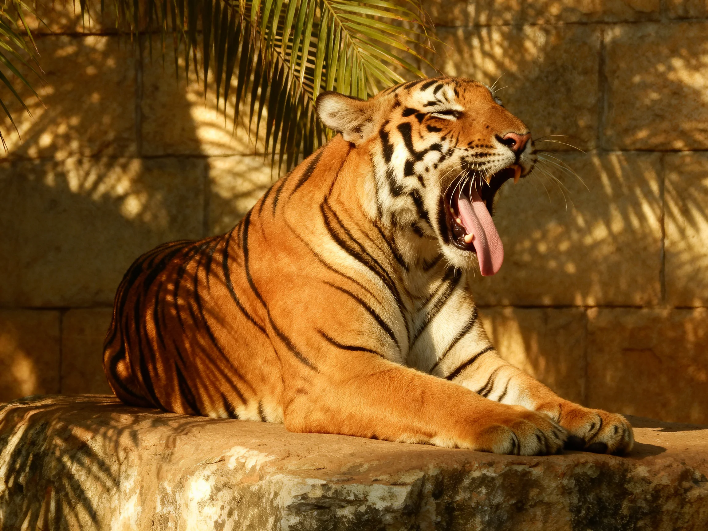 A tawny tiger with bold black stripes relaxes on a stone ledge amid palm shadows