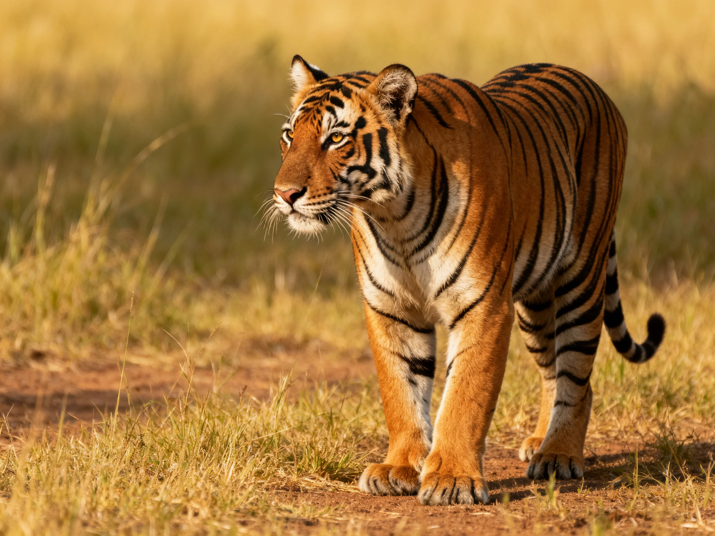 A tawny tiger with bold black stripes roams through sunlit grasslands