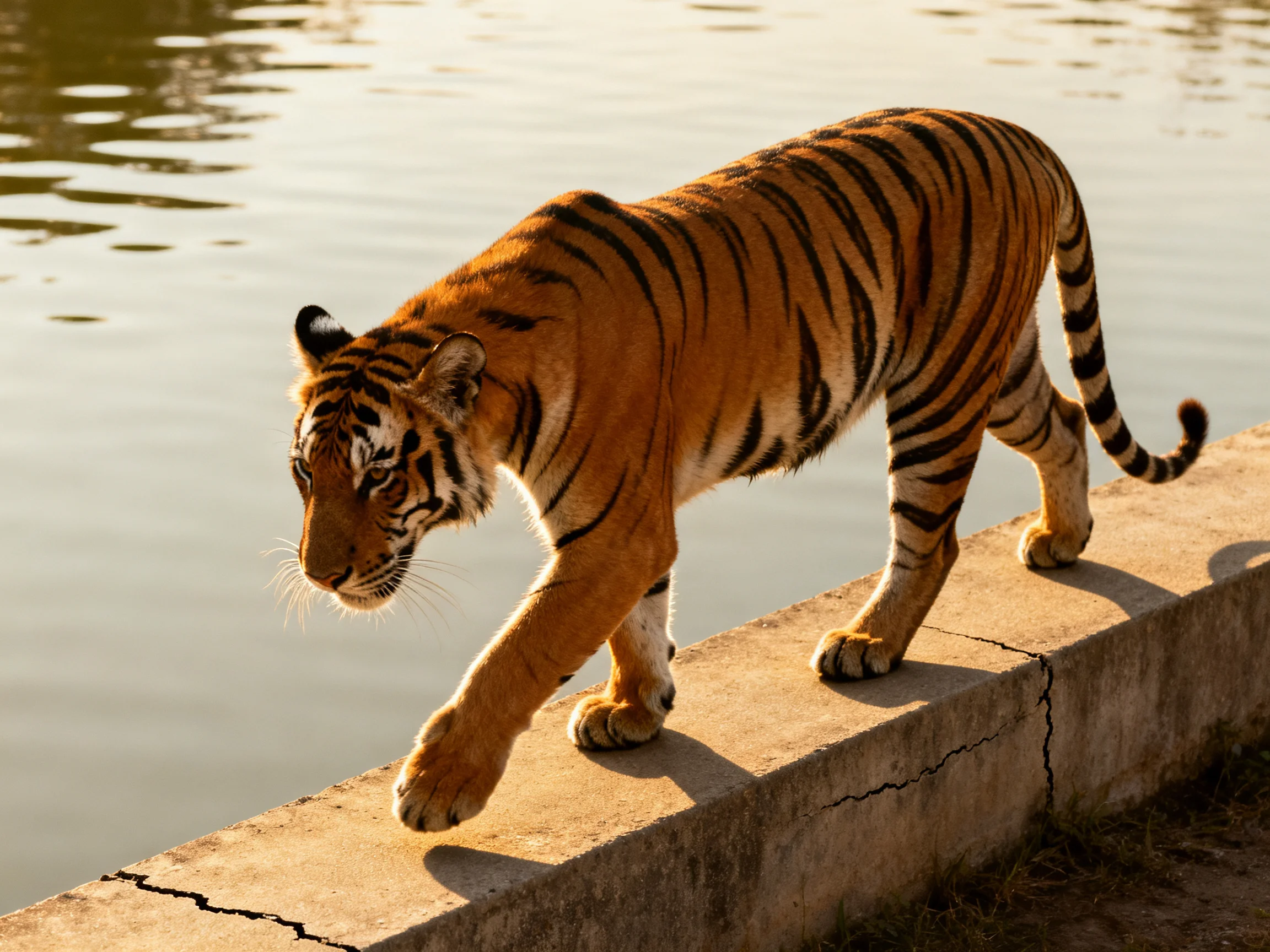 A tiger with distinctive striped fur walks along a concrete ledge beside still water.