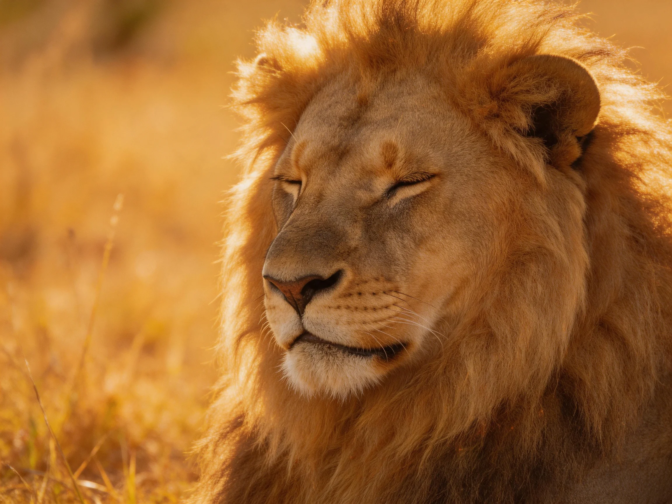 A thick-maned lion relaxes in golden savannah grass.