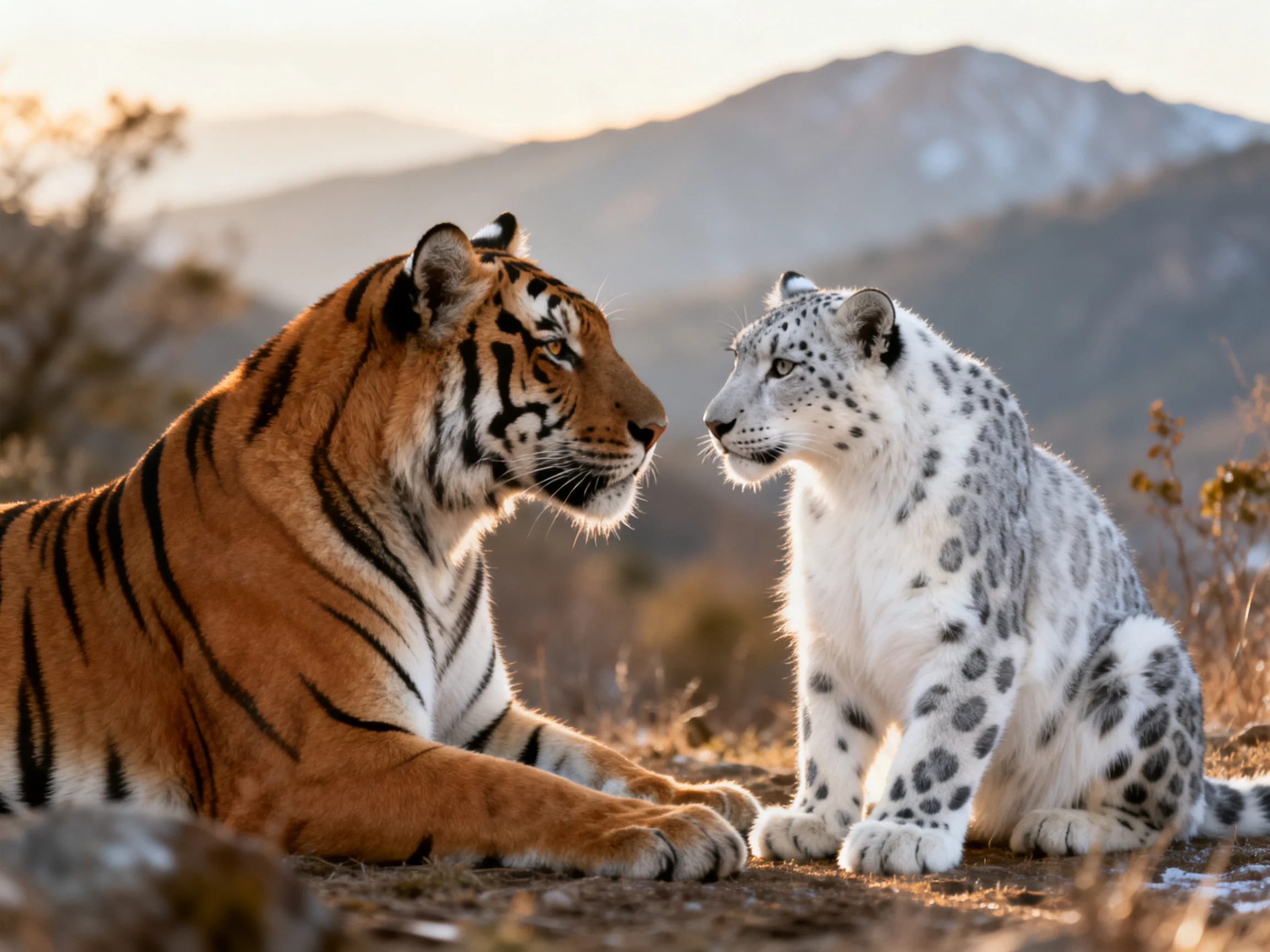 An orange tiger and a white - spotted snow leopard face each other outdoors.