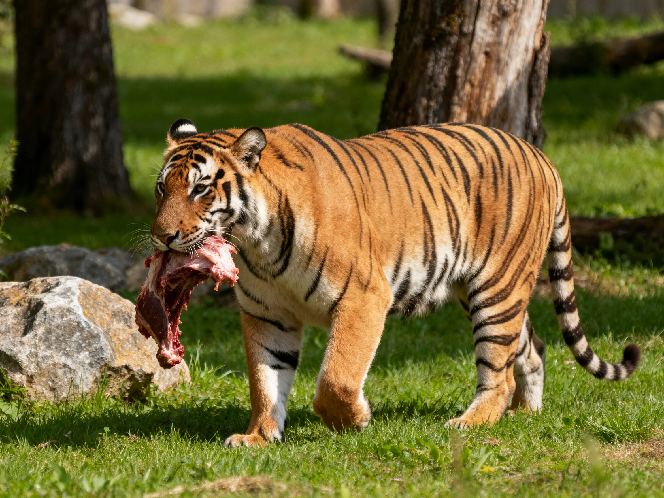 A tiger carrying raw meat roams a grassy forested area