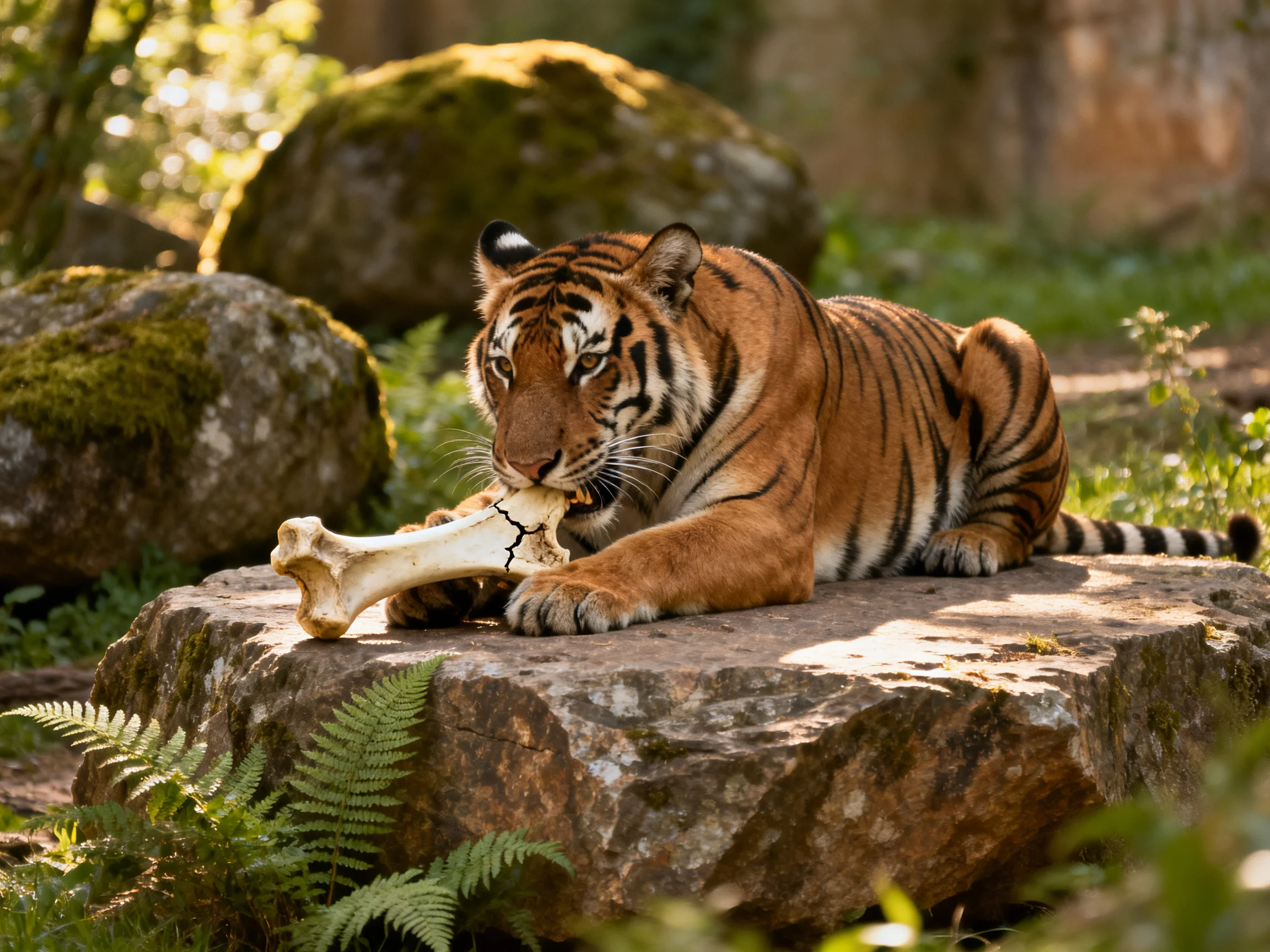 A tiger chews a large bone on mossy rocks in a sunlit forest