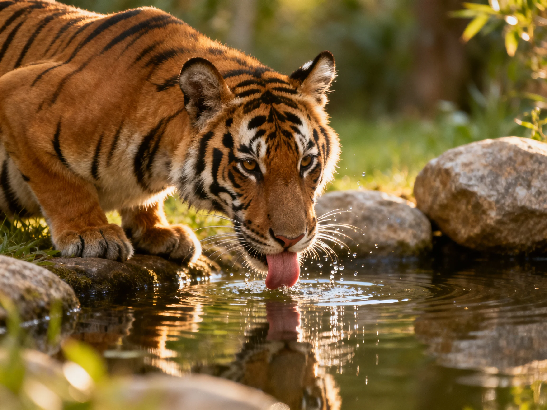 A tiger drinks from a pond near rocks in a natural setting.