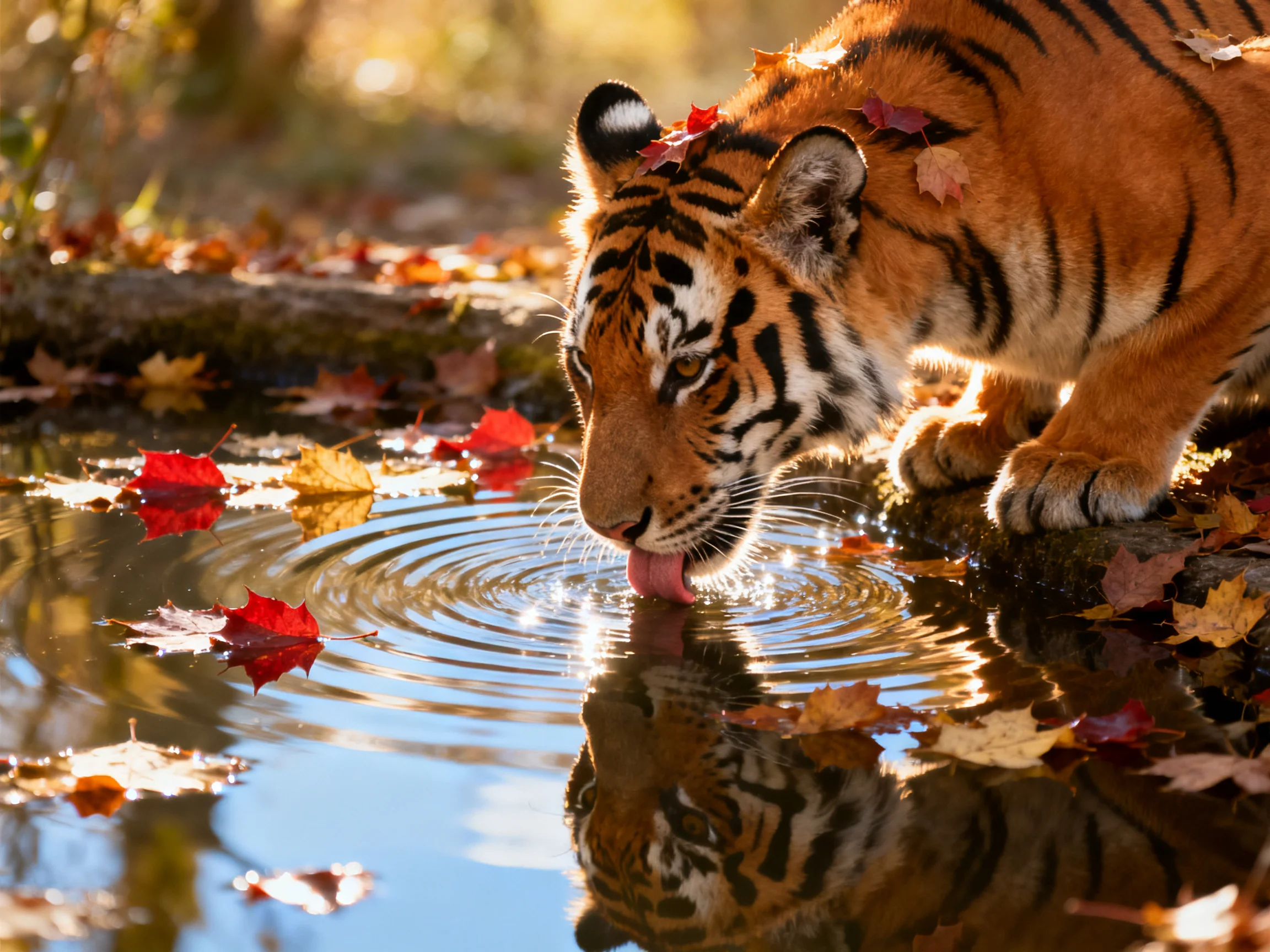 A tiger drinks from a pond amid colorful autumn leaves