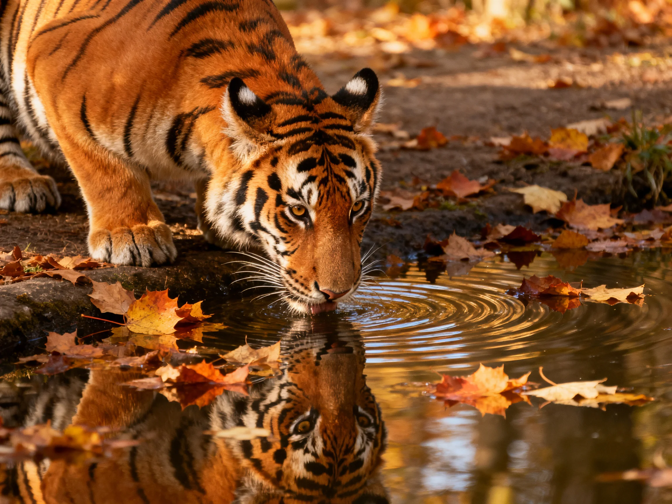 A tiger drinks from a pond with autumn leaves