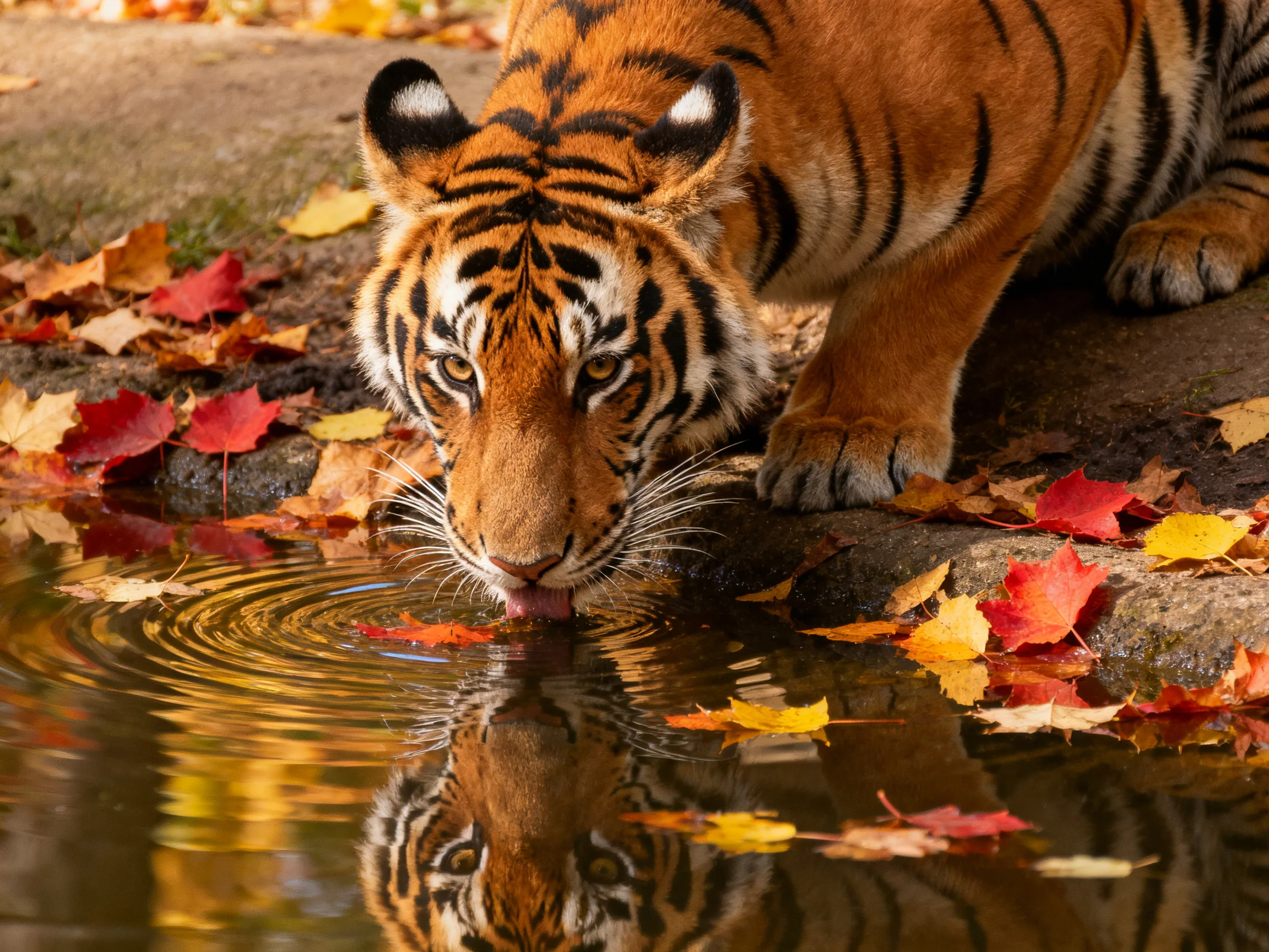 A tiger drinks from a pond surrounded by autumn leaves.