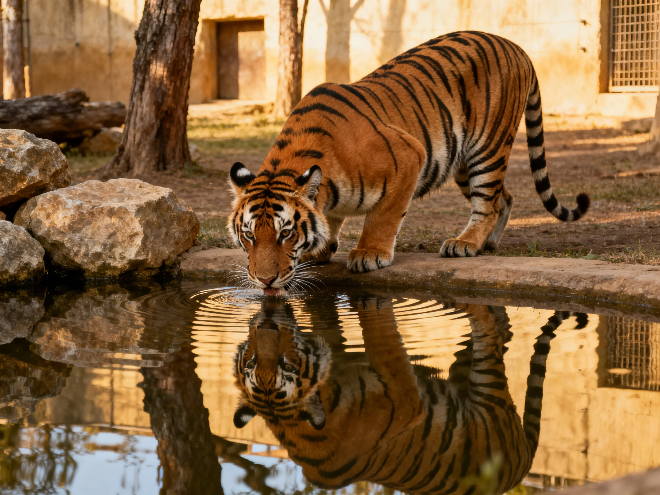 A tiger drinks from calm water with rocky surroundings and tree reflections