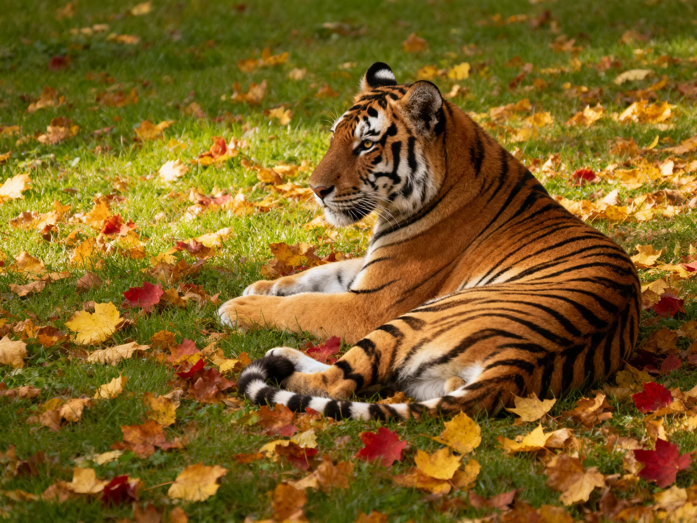A tiger rests peacefully among scattered autumn leaves on grass.