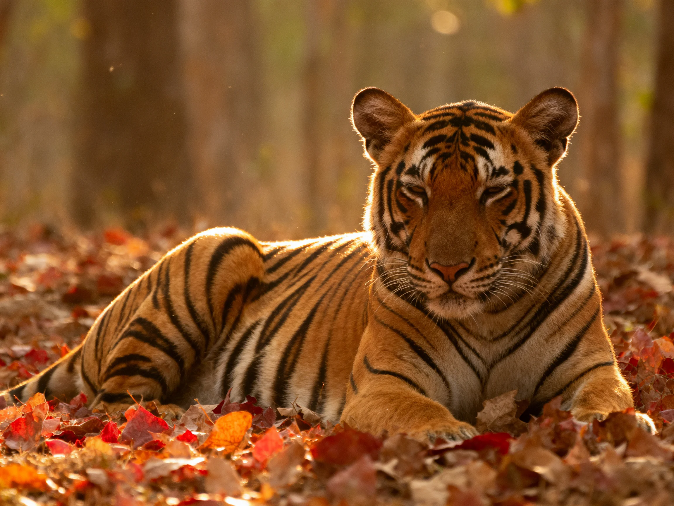 A tiger relaxes on a bed of autumn leaves in a sunlit woodland.