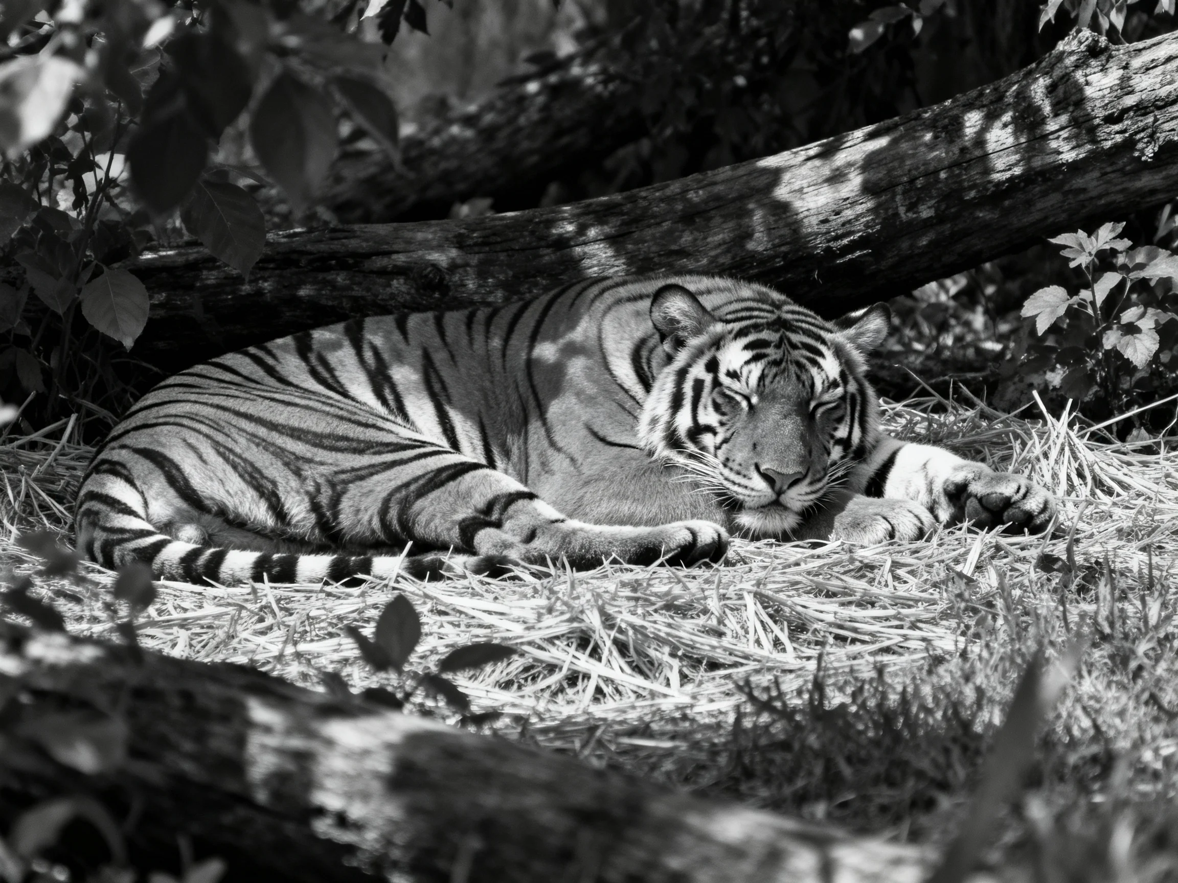 A tiger lounges among fallen logs and dry straw in monochrome