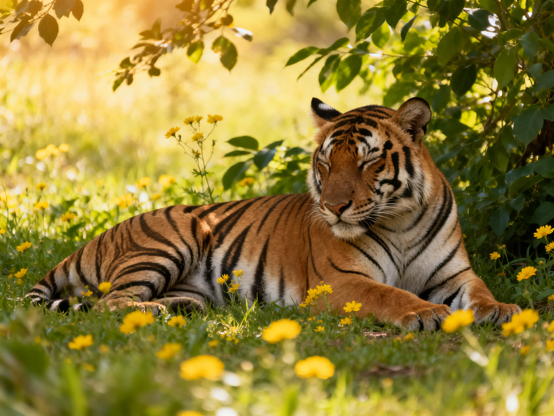 A tiger rests serenely among yellow flowers and greenery in a sunlit space.