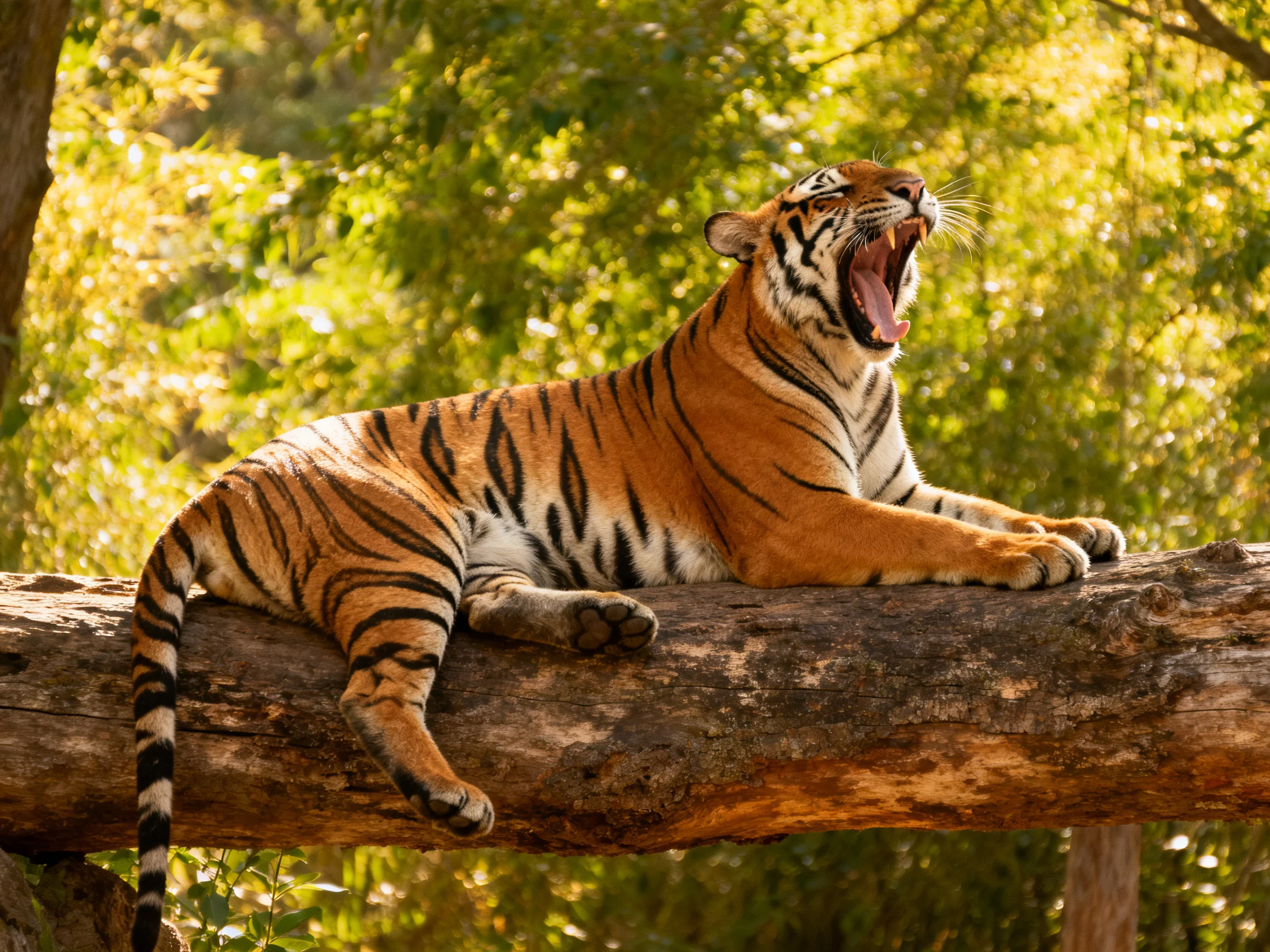 A tiger relaxes on a log in a sunlit forest setting.