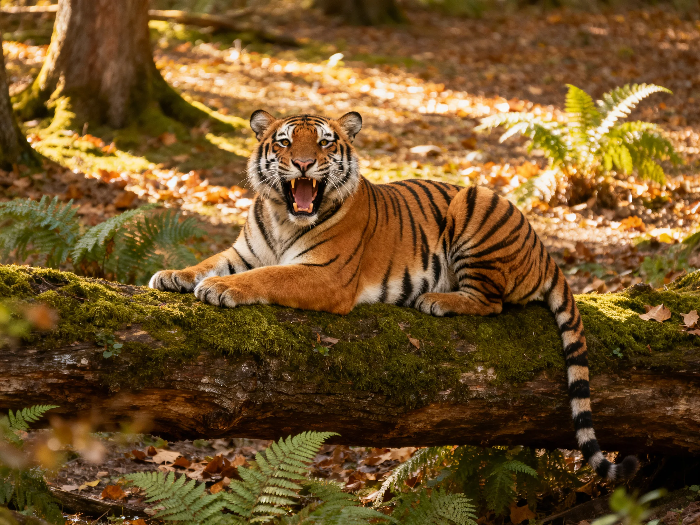 A tiger relaxes on a mossy log amid forest vegetation.