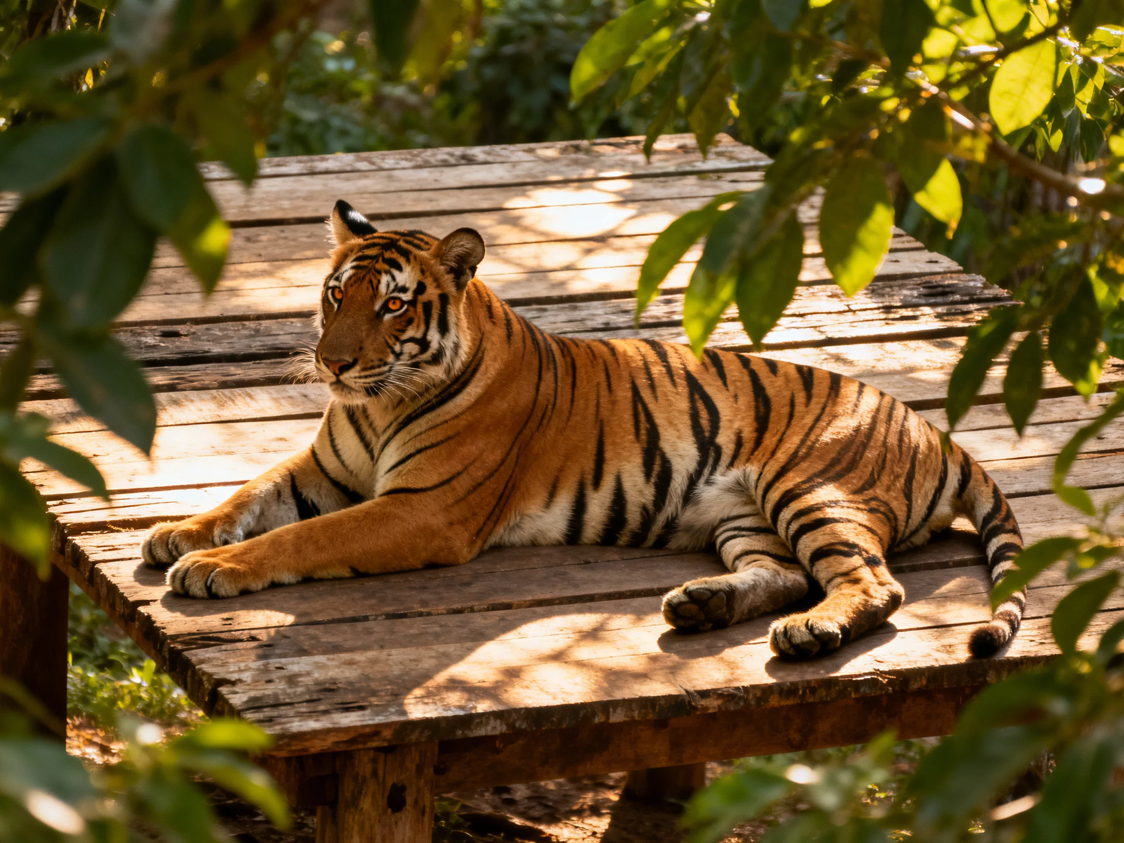 A tiger relaxes on a wooden platform surrounded by greenery in sunlight.